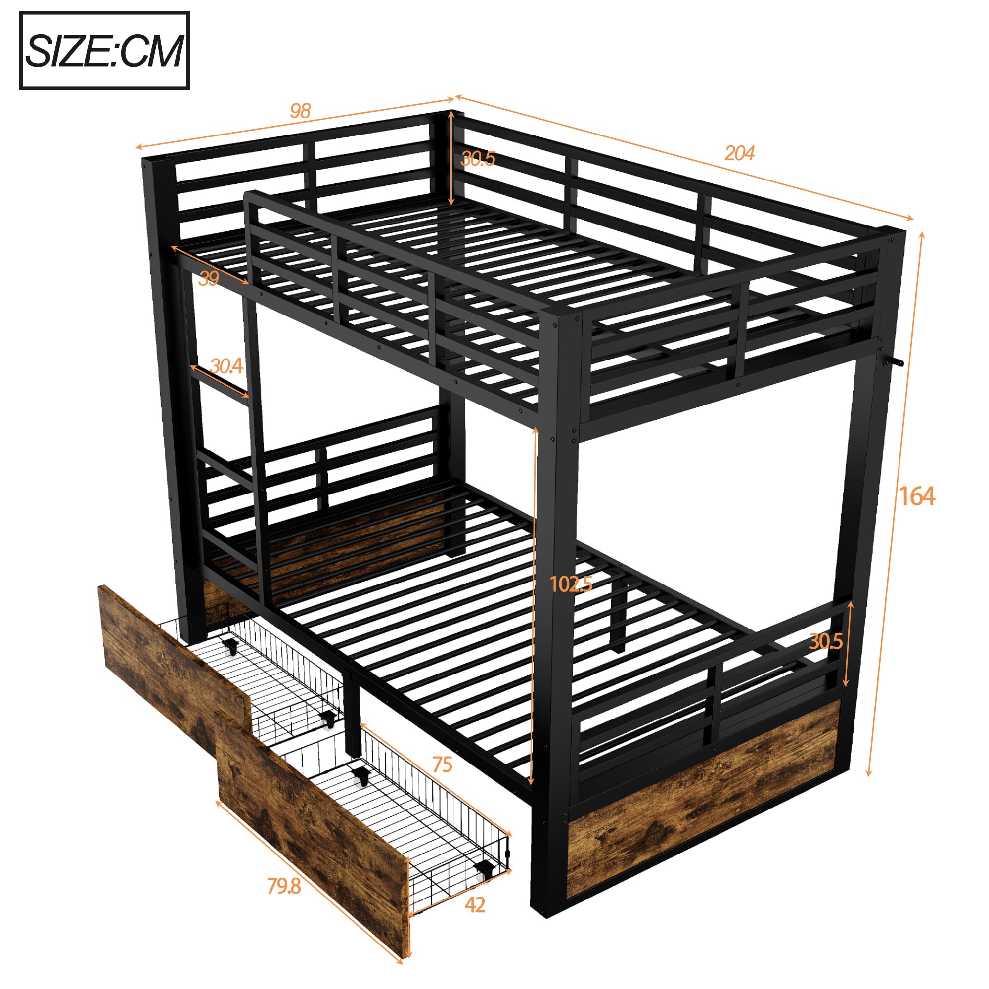 Azkoeesy Litera para dormitorio de metal resistente, 200 x 90 cm, con 2 cajones, escalera de metal resistente y barandilla de seguridad para adolescentes y adultos (90 x 200, negro)