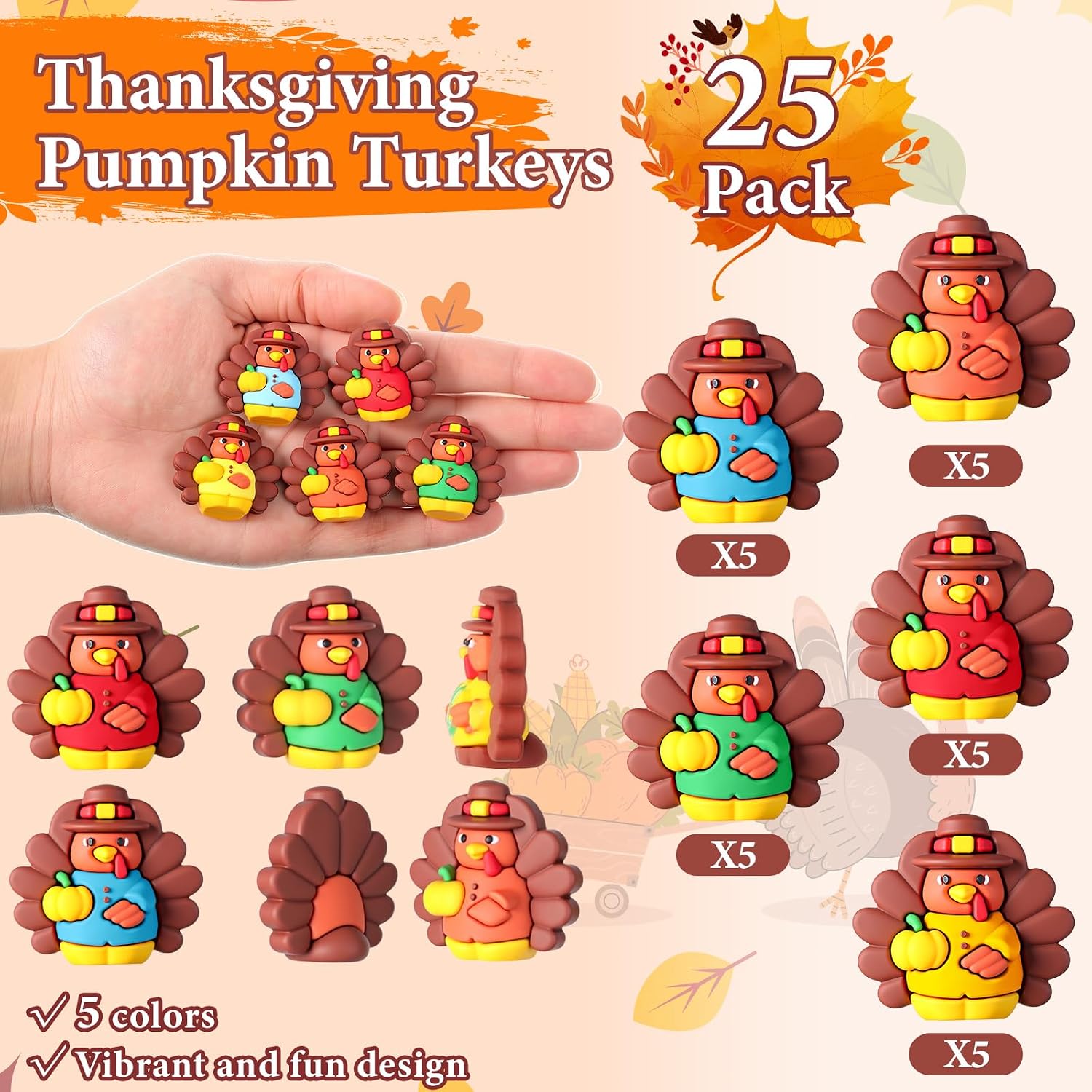Domensi 25 Pcs Thanksgiving Mini Turkey Figurines Tiny Resin Turkey Figure to Hide and Seek Fall Mini Miniature Toy Multicolored Statue Charm for Autumn Decor Party Favor Gift Home Table Centerpiece