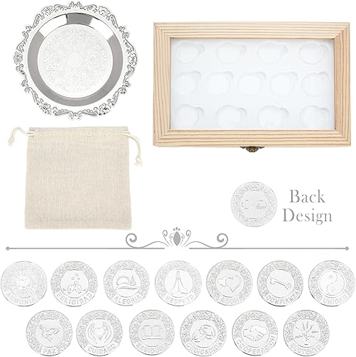 Miniatura 7 de TINGKU Monedas de plata católicas para bodas inglesas, Arras de Boda Catolica Decoracion Para Bodas con caja de regalo acrílica de madera