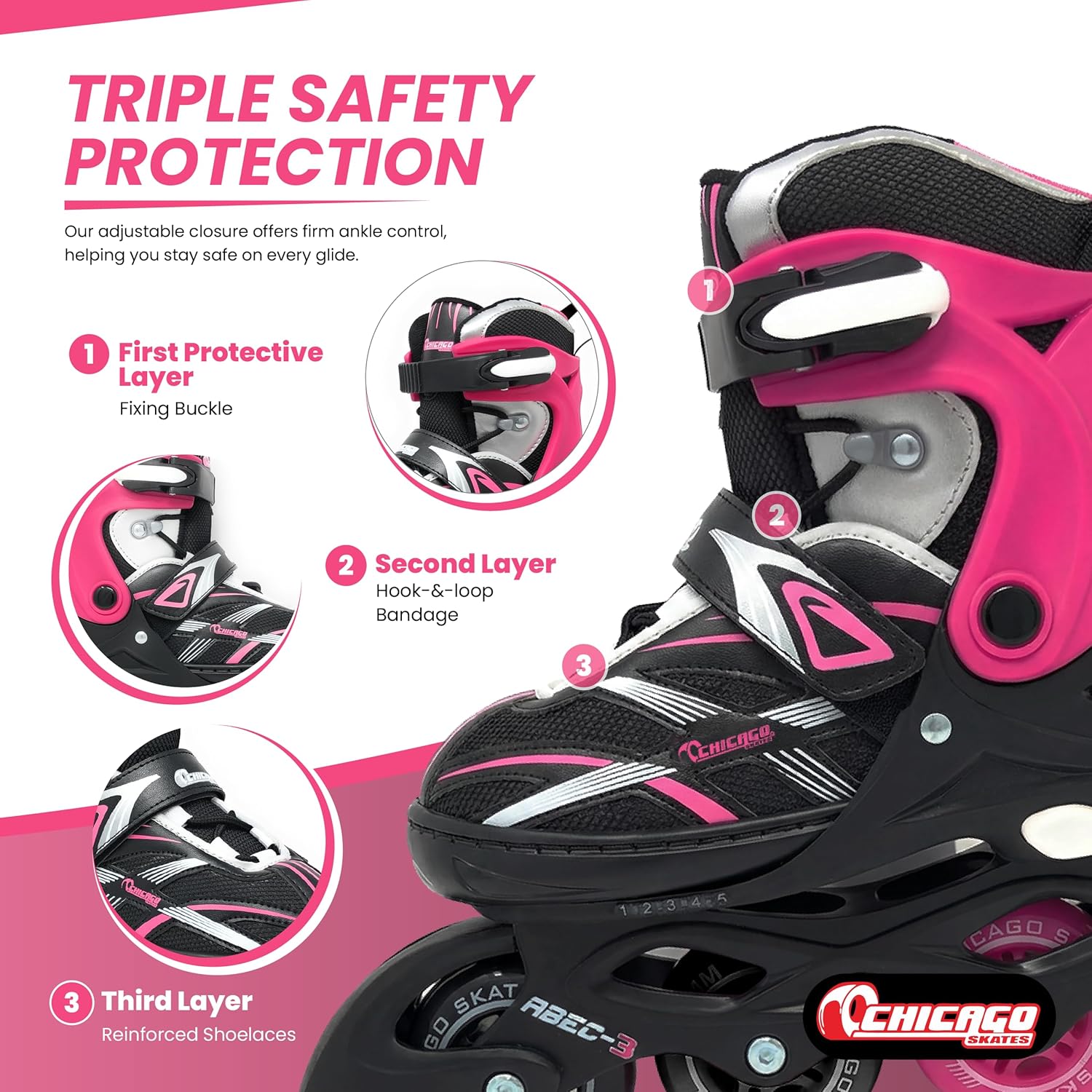 Chicago Inline Skates for Kids – Durable Top Performance Roller Blades with Secure Fit, Breathable Mesh Boot & Power Strap – 70mm Urethane Wheels with ABEC-3 Precision Bearings – Indoor/Outdoor Use