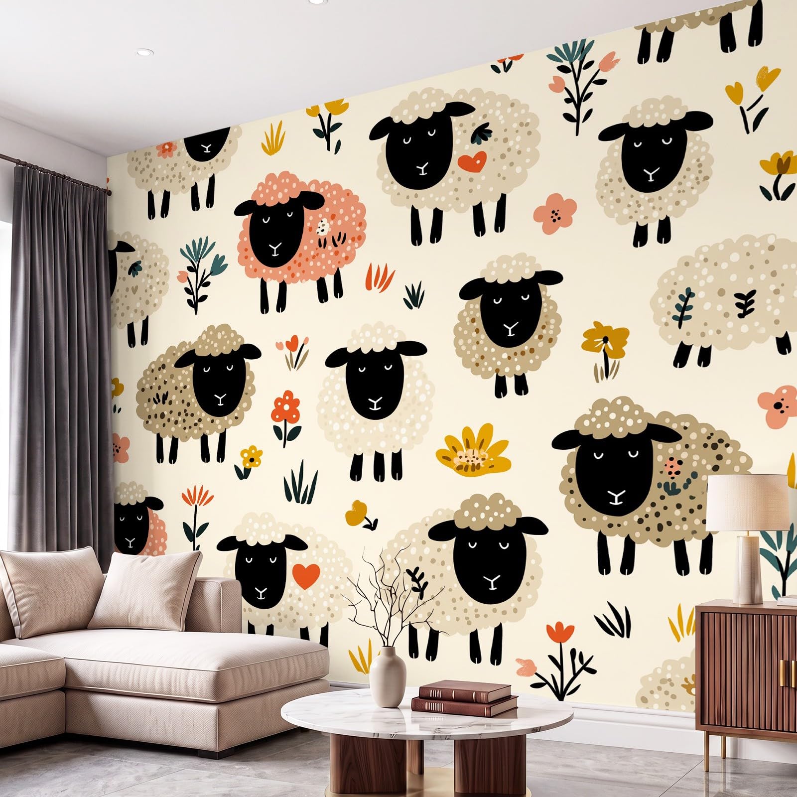 Tapeta 3D, ciepła, kreskówka, zabawa, 274 x 254 cm, mural ścienny, owca, zwierzę, beżowa tapeta do sypialni, przedszkola, malowniczego ogrodu