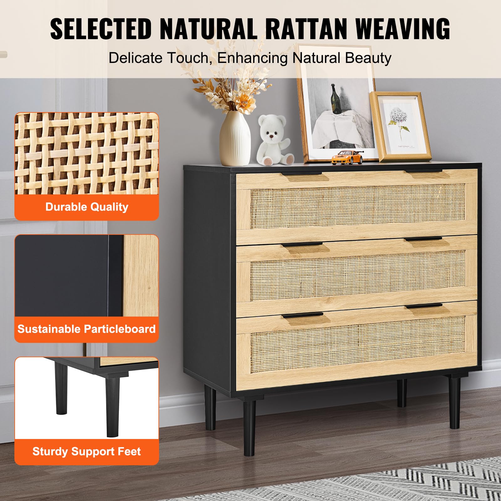 VEVOR Cassettiere in Legno di Rattan Naturale con 3 Cassetti, Moderna Cassettiera in Legno per Vestiti e Contenitori Boho con Maniglie e Gambe Robuste, per Camera da Letto Soggiorno e Corridoio