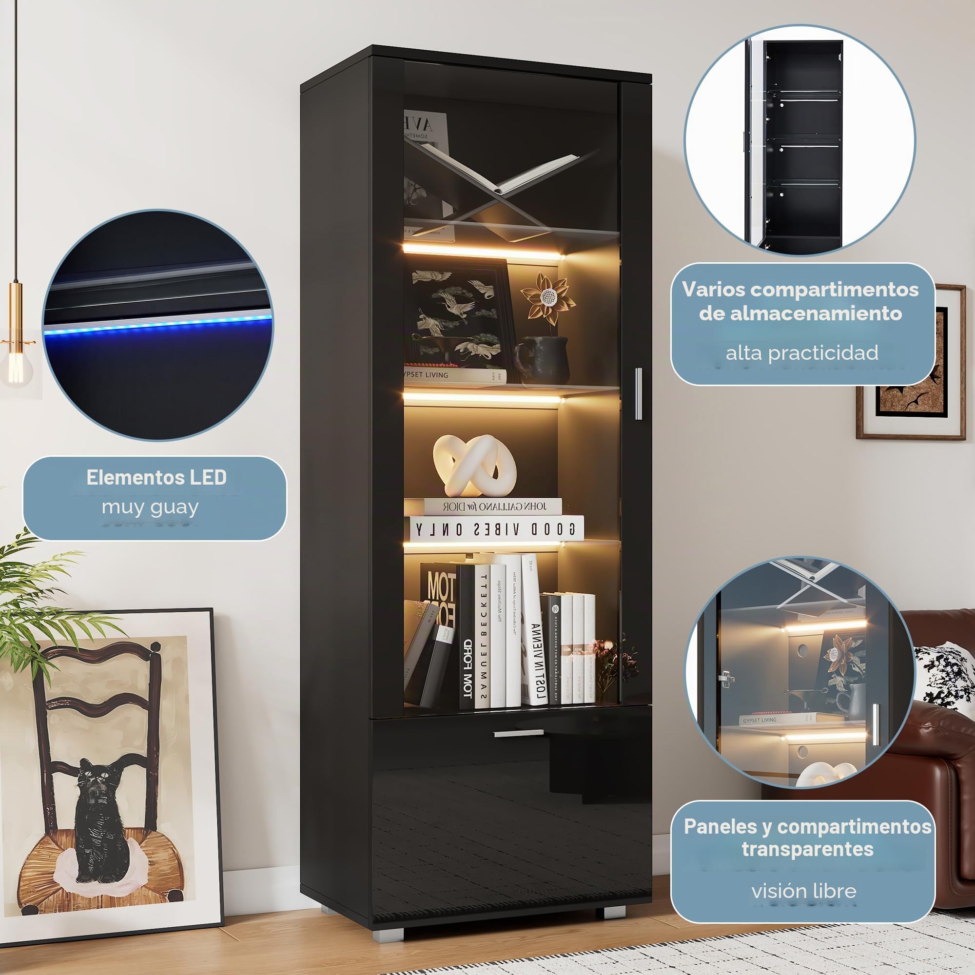 Merax Vitrina con LED, moderna vitrina con 3 estantes, cajón, vitrina brillante para coleccionables, estantería con puerta acrílica, para salón, dormitorio, 50 x 40 x 160 cm, color negro