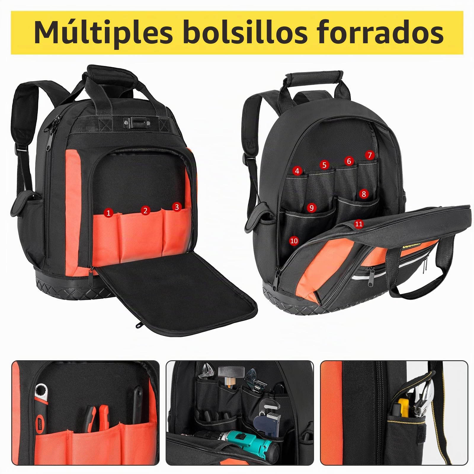 OUUTMEE Mochila de herramientas con base de goma ABS, bolsa de herramientas resistente con bolsillos múltiples, bolsas portaherramientas con correa de hombro y cintura para electricistas y