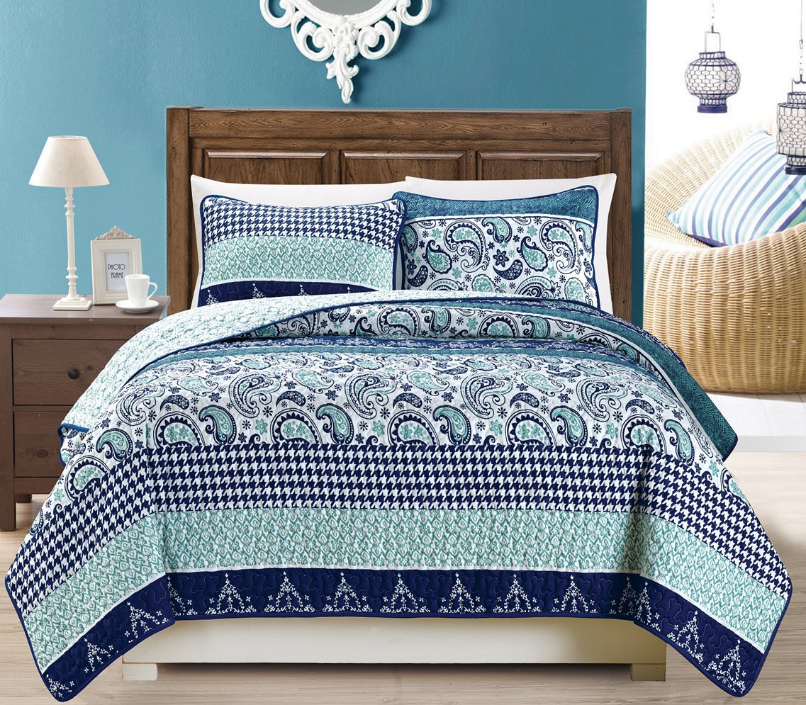 3-Piece Fine Printed Oversize (100" X 95") Quilt Set Reversible Bedspread Coverlet Full/Queen Size Bed Cover (Navy Blue Paisley)