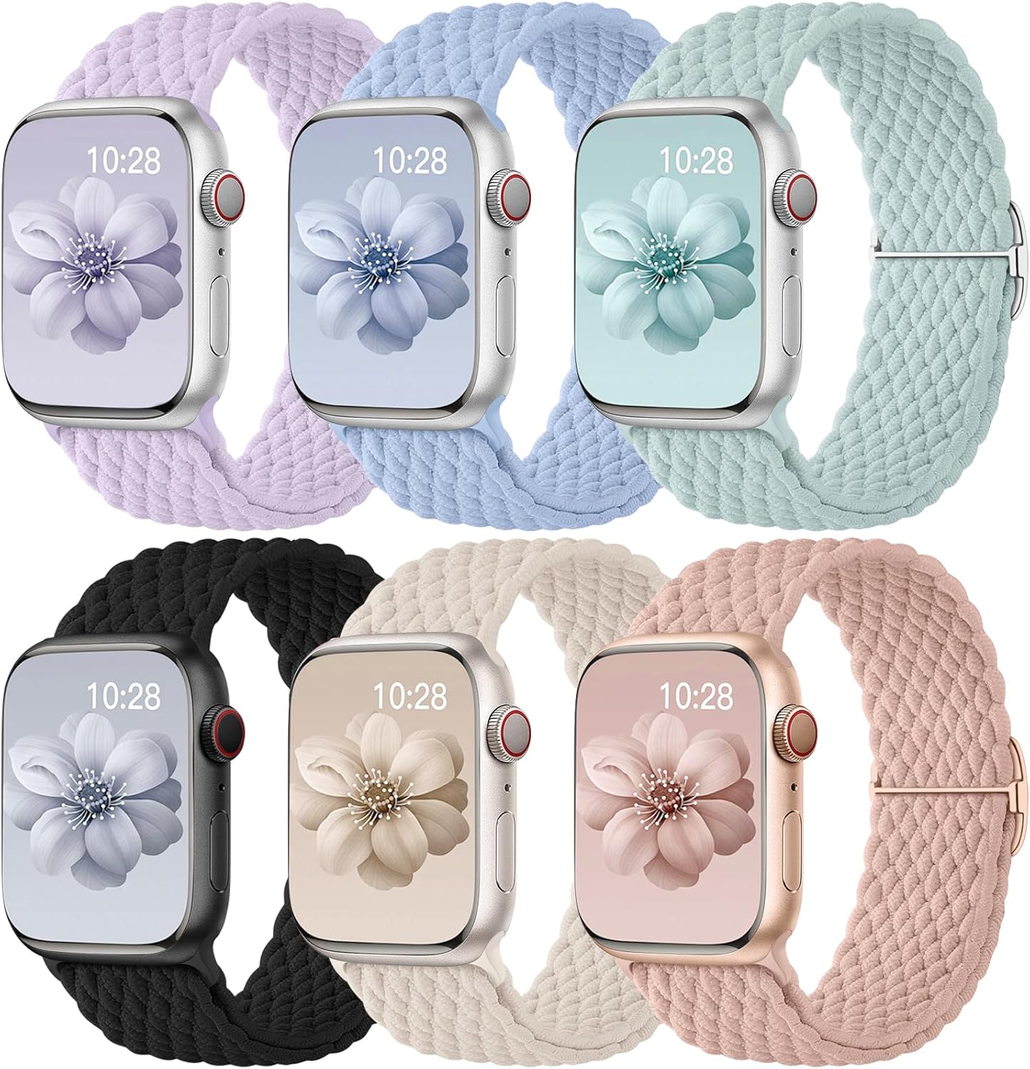 6 Pack Braided Stretchy Solo Loop Compatible with Apple Watch Bands 40mm 38mm 44mm 45mm 41mm 42mm 46mm 49mm for Women Men, Adjustable Nylo Sport Bands for iWatch Series 10 9 Ultra 8 7 6 5 4 SE