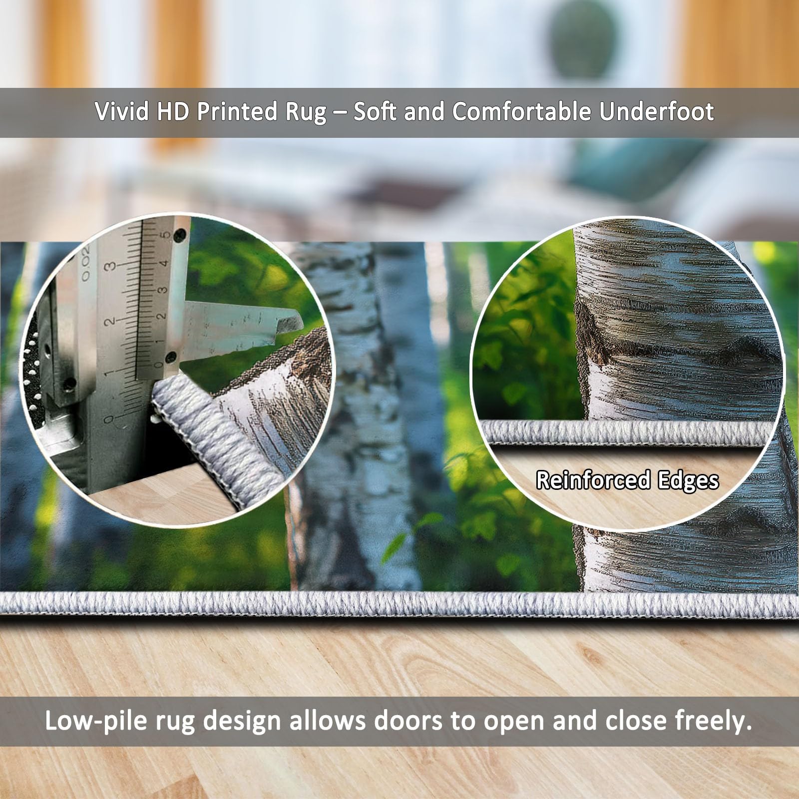Zmywalny dywan 80 x 150 cm, antypoślizgowy dywan z motywem lasu brzozowego, fotografia przyrody, duży dywan, do salonu, sypialni, kuchni, holu, niski runo, miękki w dotyku dywan