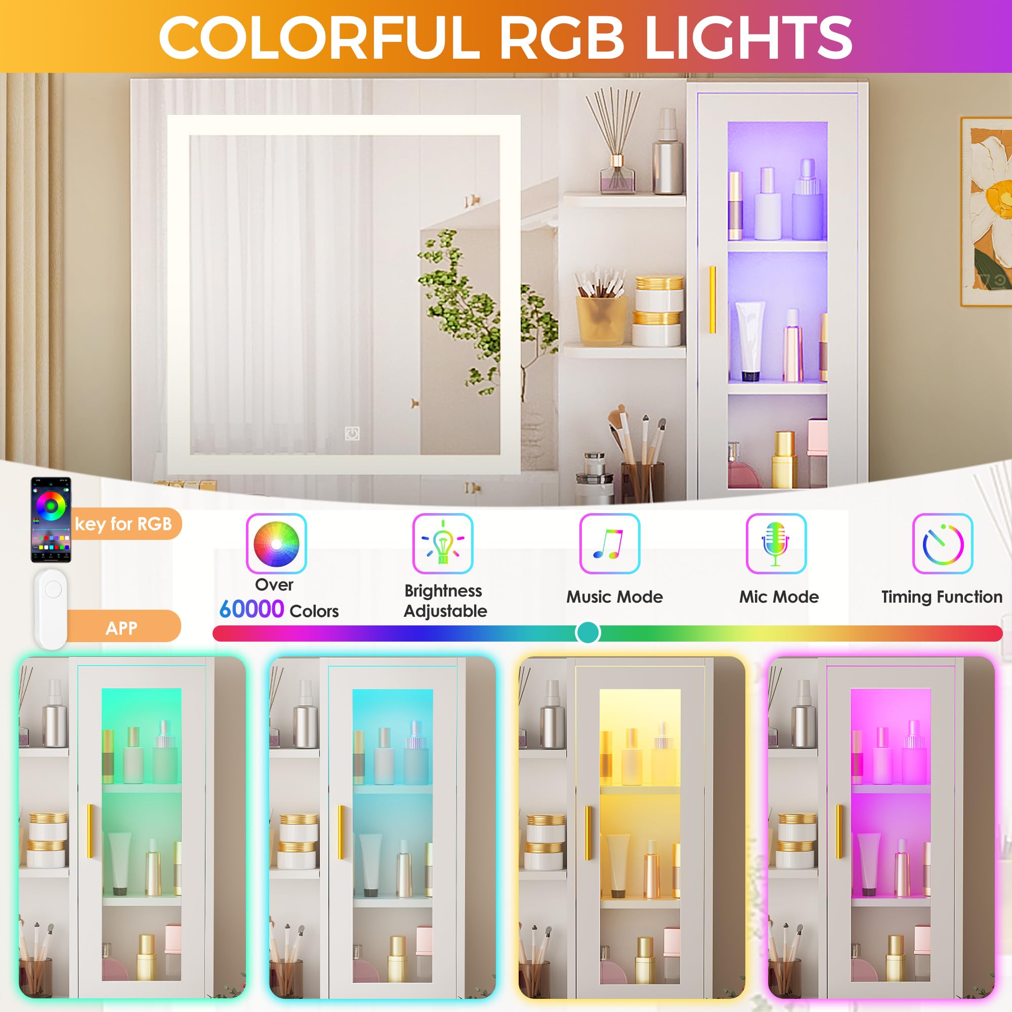 ANWBROAD Grande Coiffeuse avec Miroir et Tabouret 3 Couleurs Éclairage LED réglables et Prises 8 Tiroirs 3 Étagères Rangement Ouvertes RGB Coiffeuse Moderne Blanc 140x131x40cm BDT77W
