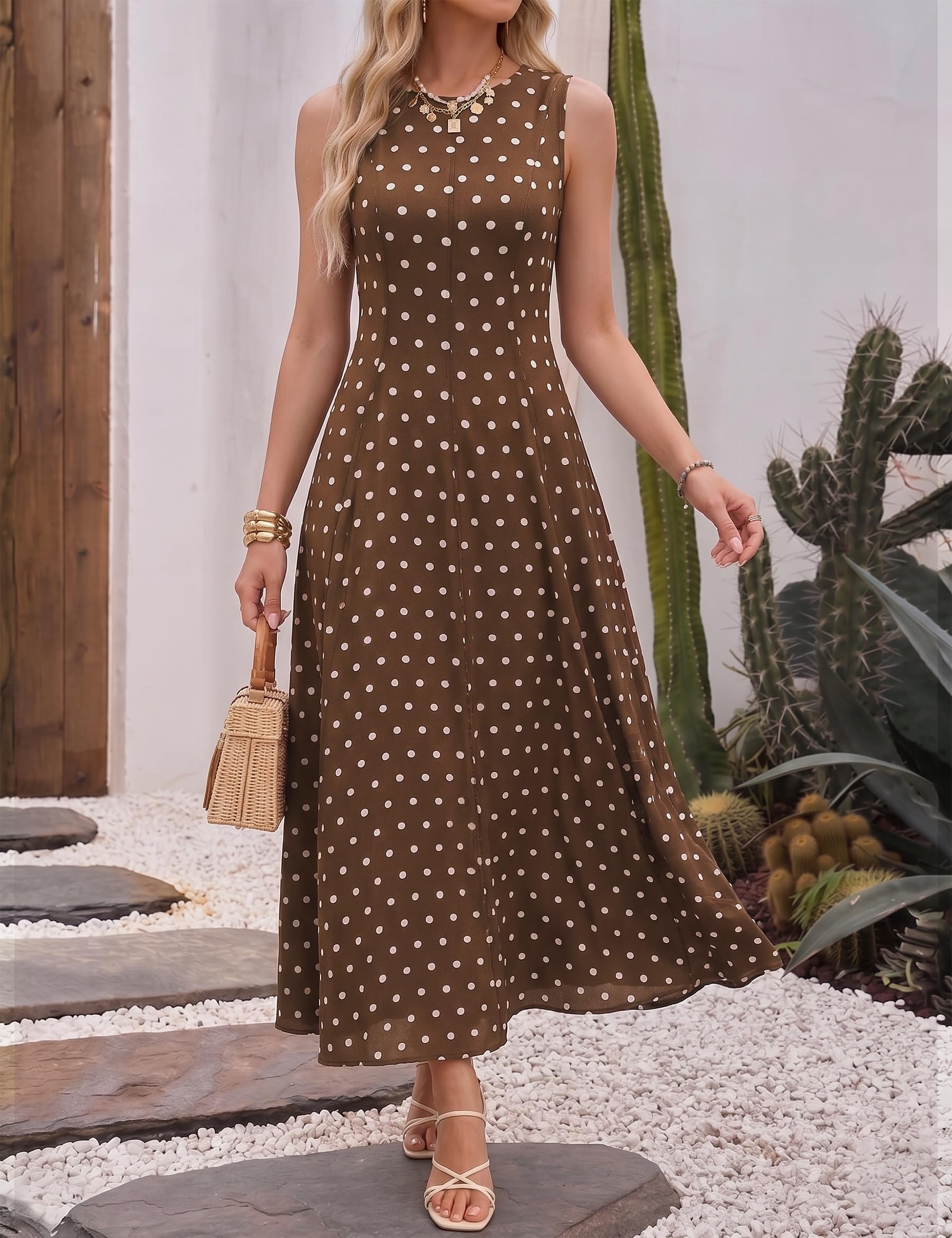Abito estivo da donna a pois, senza maniche, scollo rotondo, a vita alta, elegante, vintage, rockabilly, per feste