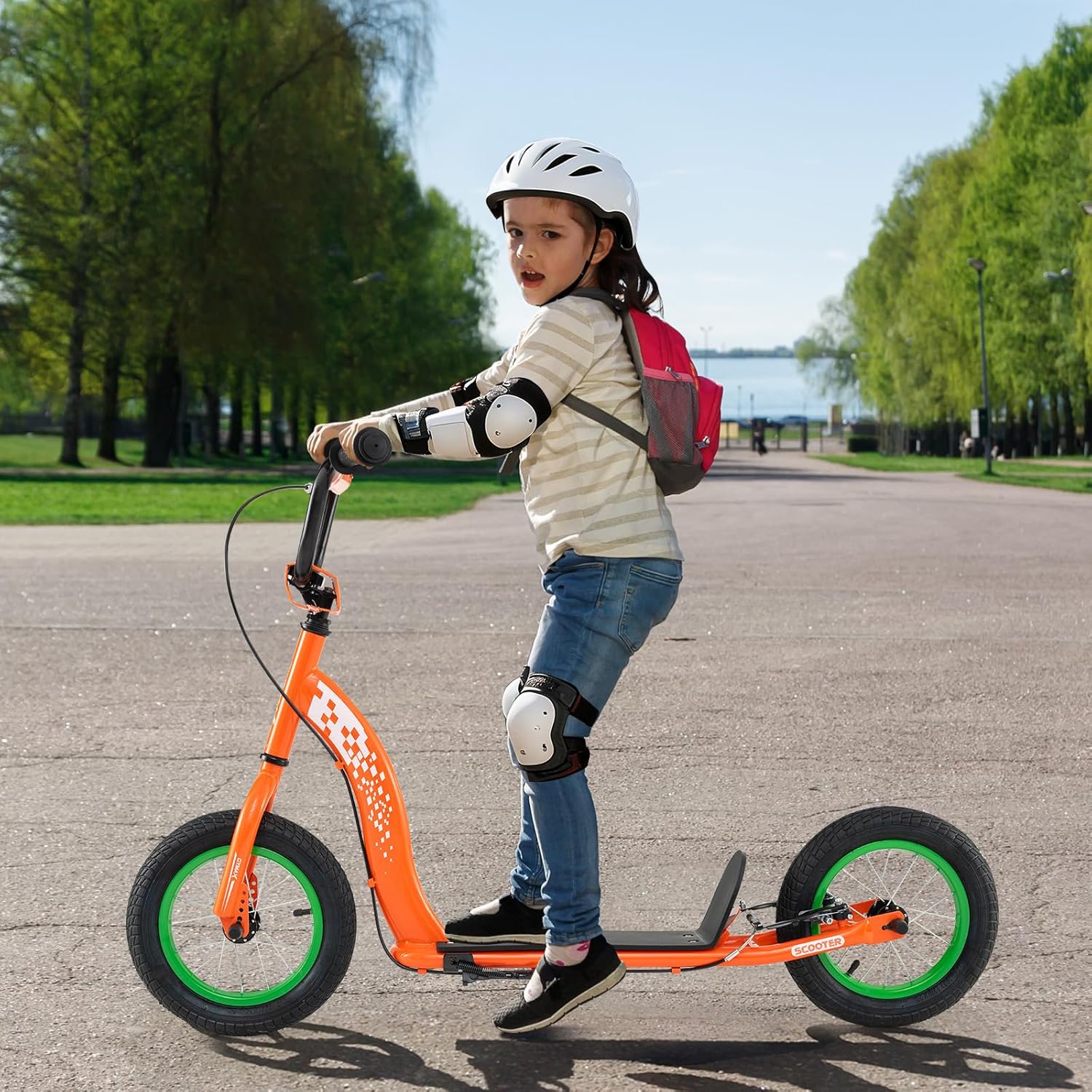 GYMAX Scooter, Kick Scooter for Adults, Teens, Kids with Adjustable Handlebar, 12” Inflatable Wheels, Front Caliper Brake & Non-Slip Deck, Heavy Duty Off-Road Scooter