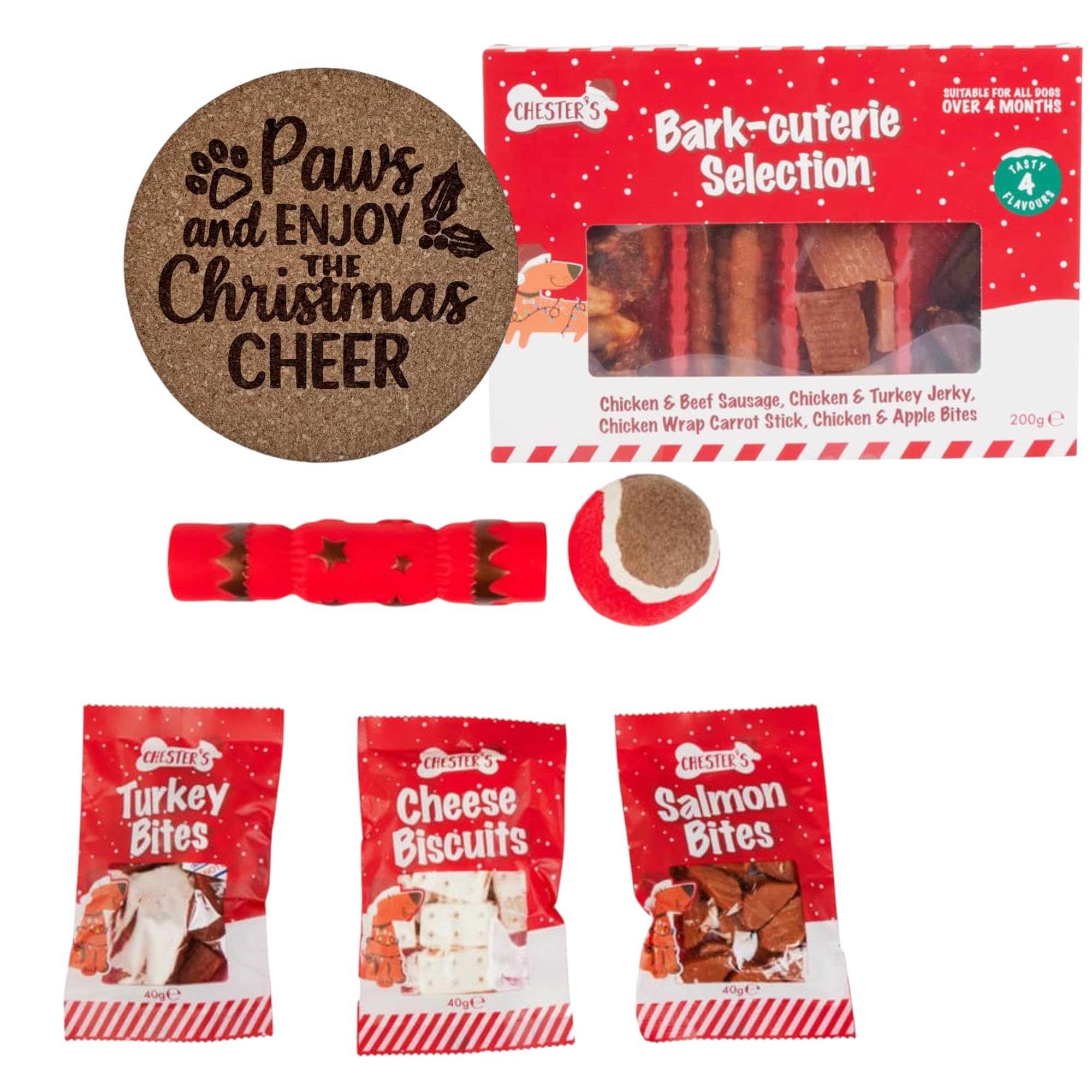 AETN Creations Christmas Pet Gift Bundle – Bark-Cuterie Treat Selection 200 g + Festive Treat Stocking 120 g + Christmas Coaster | Holiday Dog Lover Gift Set