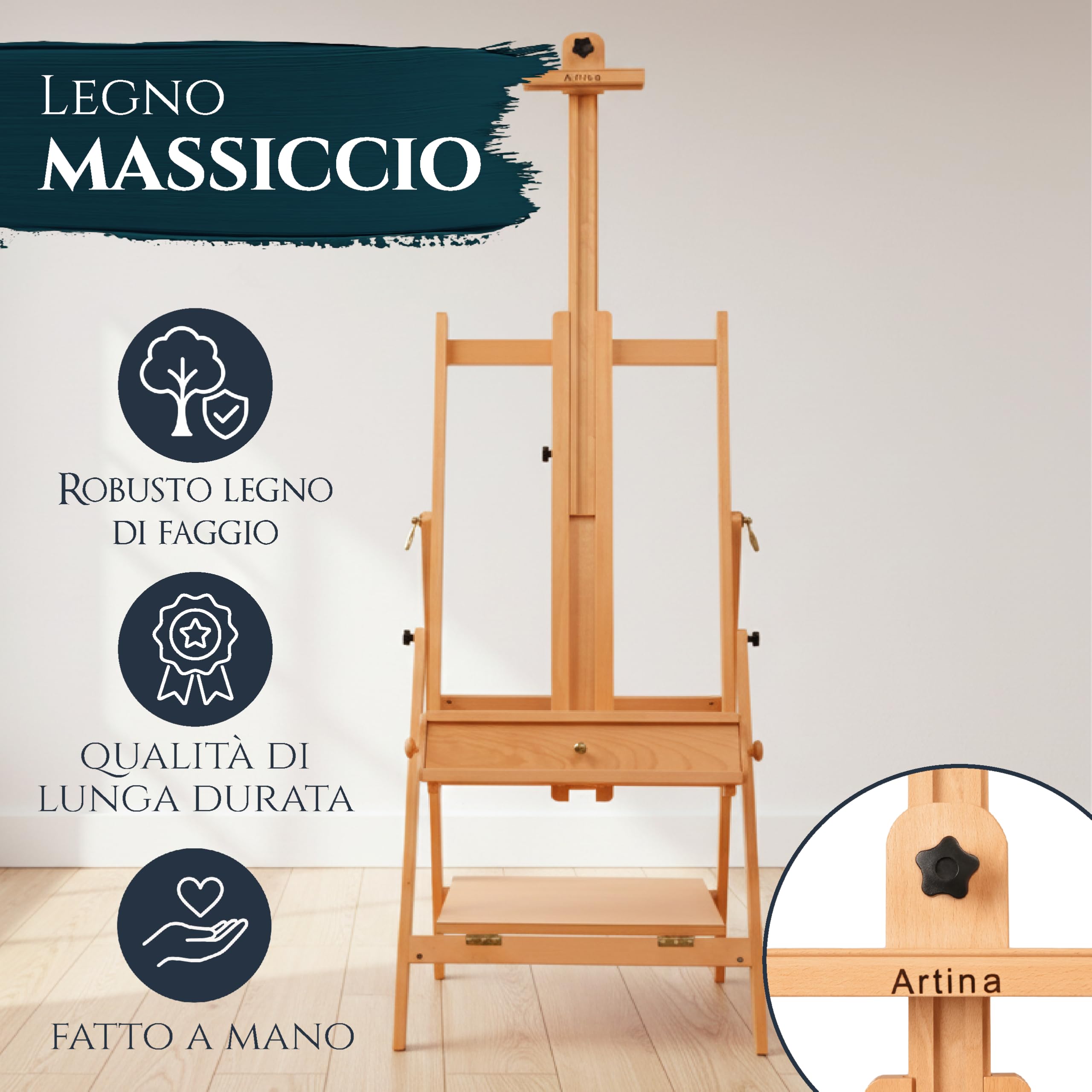 Artina Cavalletto per Pittura Professionale Napoli - cavalletto da Campagna e da Studio per dipingere o disegnare - Legno massello di faggio - Stabile e Robusto - per artisti o amatori