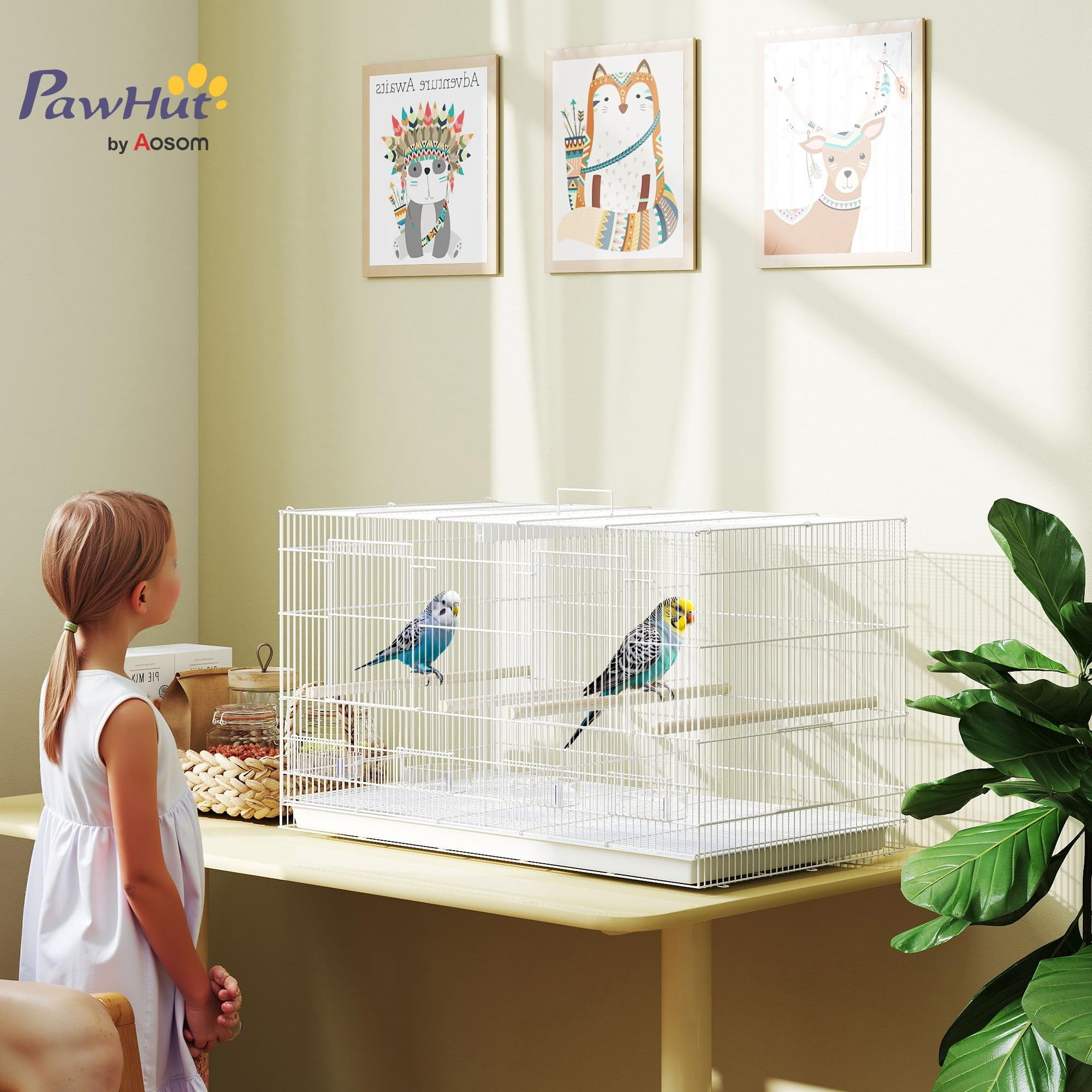 PawHut Vogelkäfig für Voliere, innen, aus Stahl, mit Trennwand, 4 Sitzstangen aus Holz, Schiebeplatte, 4 Futternäpfe, für Wellensittiche, Kanarienvögel, Finken, 76 x 46 x 46 cm, Weiß
