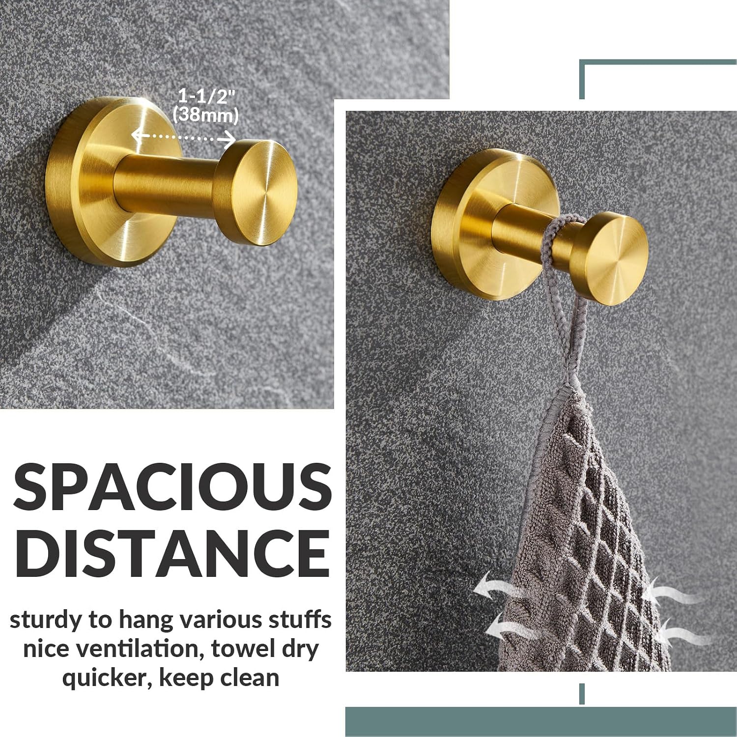 APLusee Hand Towel Holder and Bath Robe Hook Bundle, 304 Stainless Steel Wall Mounted Bathroom Accessories Brushed Gold