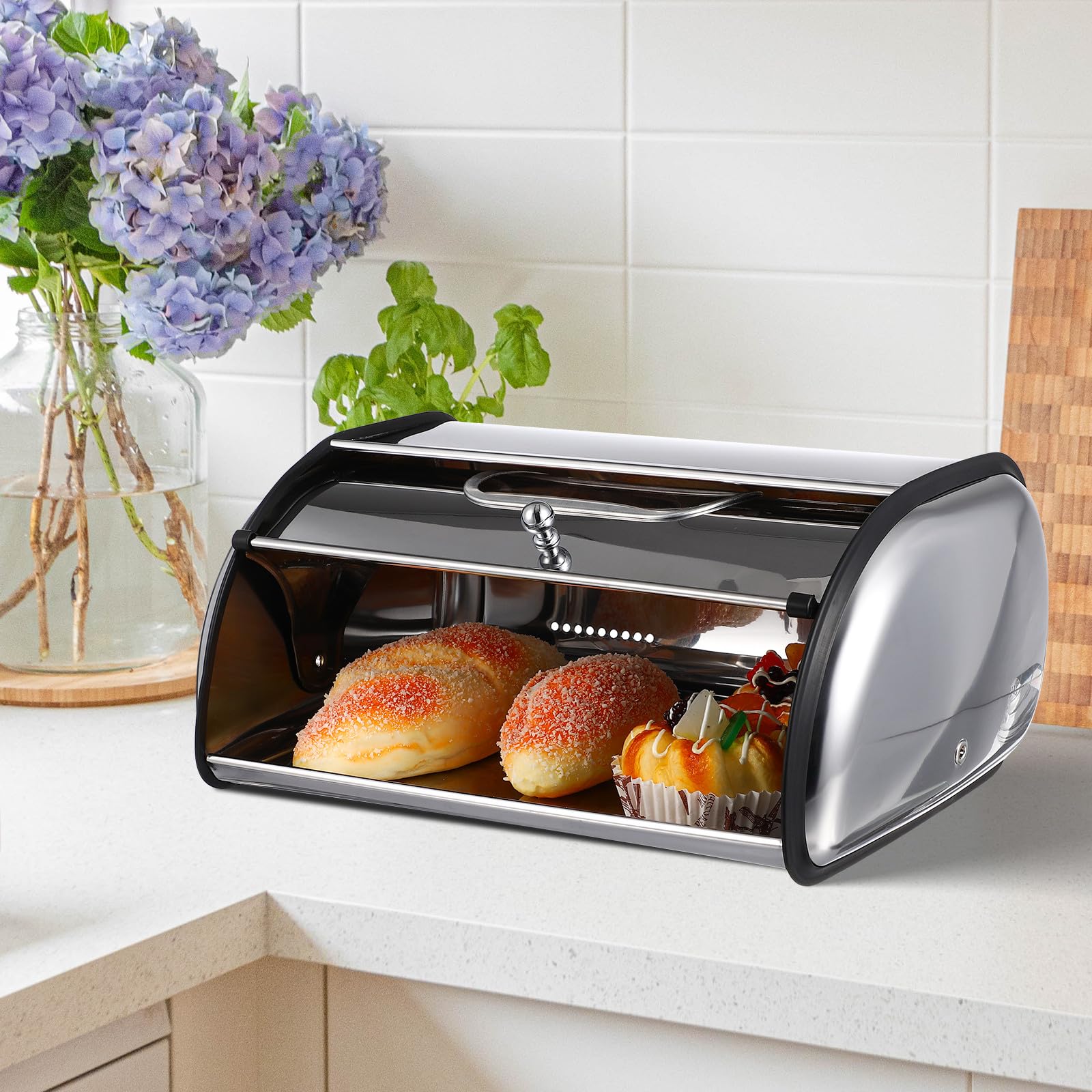 SHINEOFI Caja de Pan de Acero Inoxidable Pequeña Superficie Espejo para Cocina, Organizador de Pan Práctico y Contenedor de Alimentos para Hogar, Cafetería y Panadería