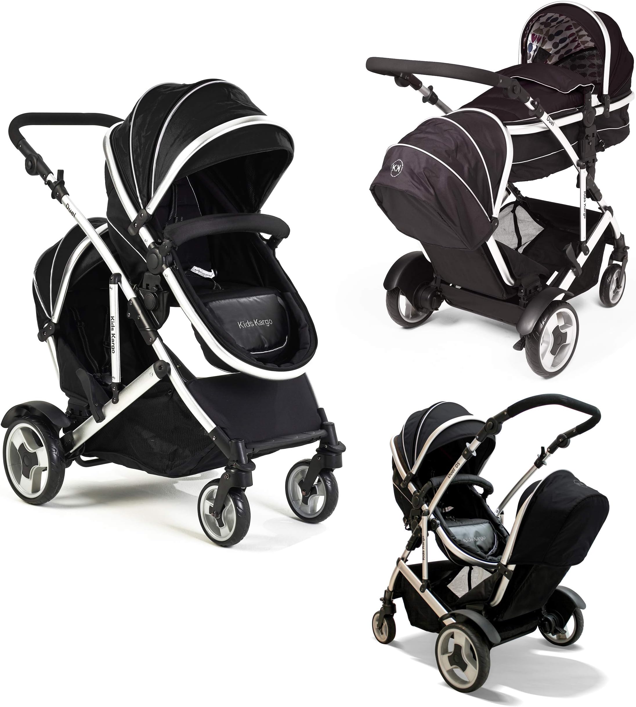 Kids Kargo Duel DS Baby & Tot + Carrycot Liner/Mattress Insect net Carrycot Converts to Seat Unit. Also Includes 2 Raincovers, Midnight Black, Double Tandem Pushchair