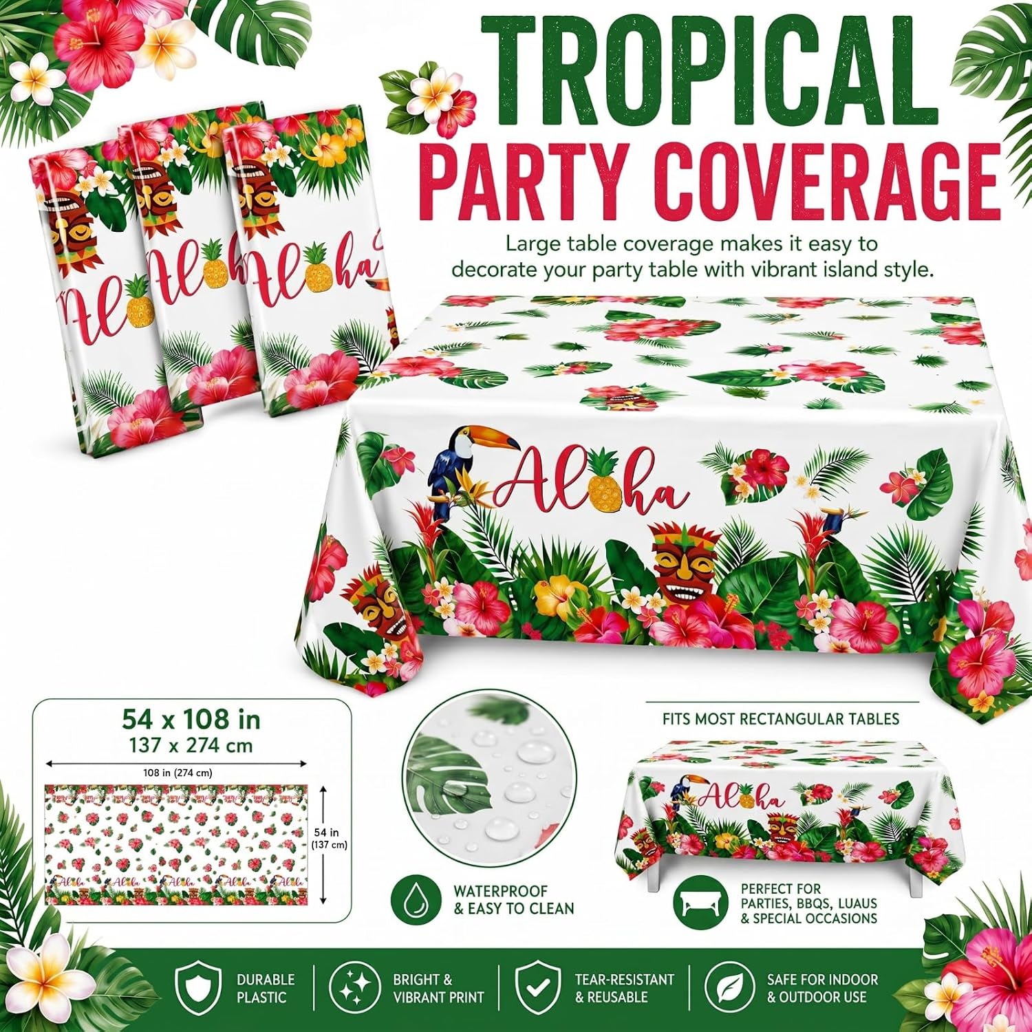 Breling 3 Pack Luau Party Decorations Hawaiian Table Cloth, 108 x 54 in Luau Party Favors Tropical Palm Leaves Tablecloths Hawaii Plastic Rectangular Table Cover Tiki Supplies for Birthday Summer