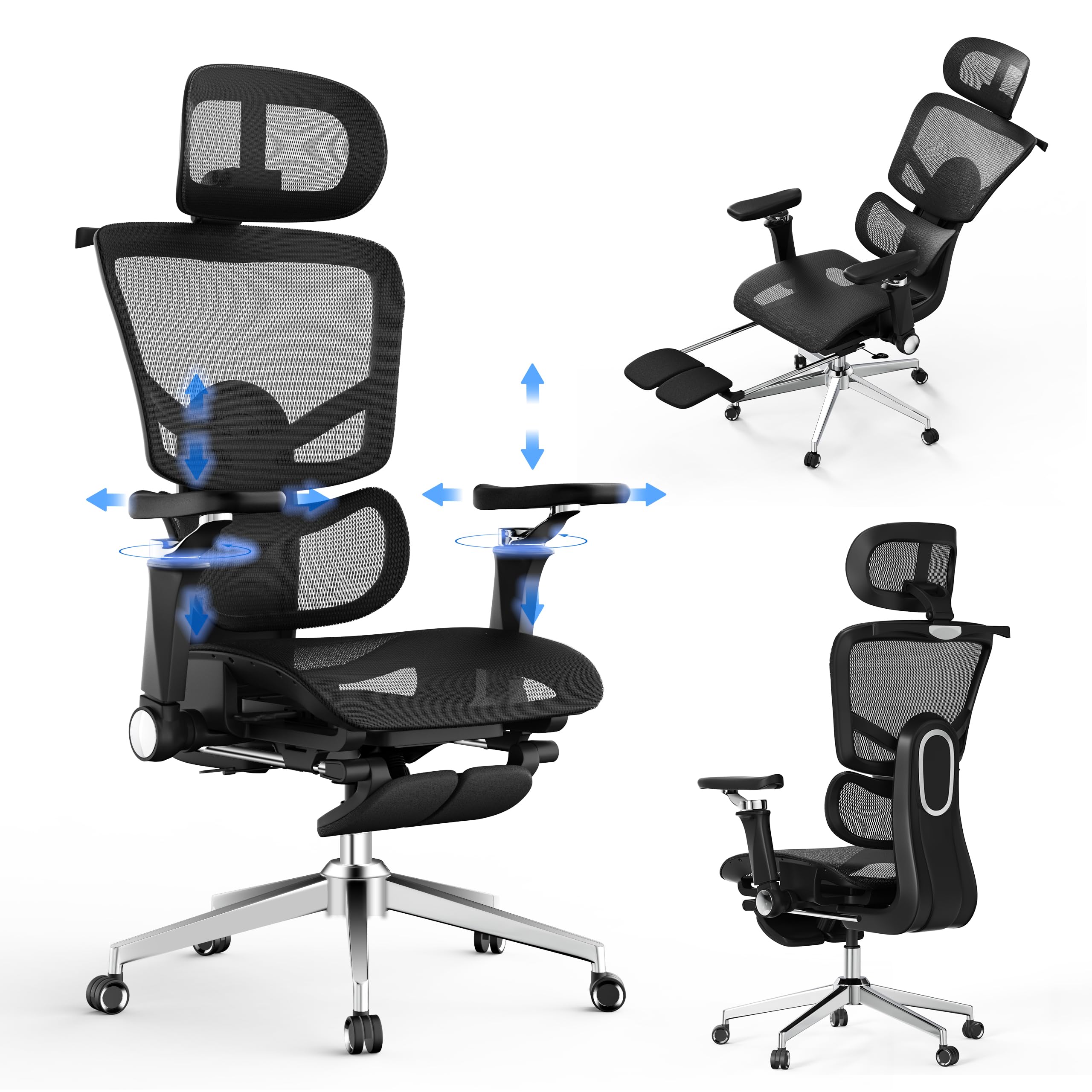naspaluro Silla de Oficina ergonómica cómoda Silla de Escritorio y reposabrazos 6D Ajustables, Silla de computadora con reposacabezas, reposabrazos abatibles (Negro)