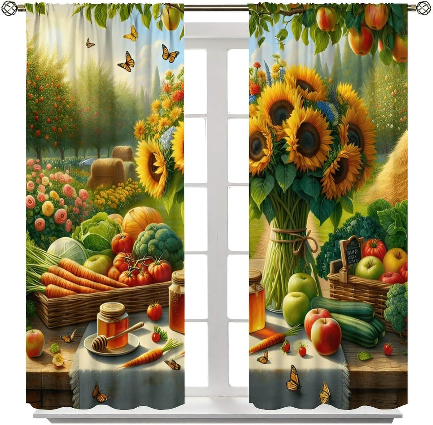Farmhouse Fruit Garden Curtains, Rustic Vintage Sunflowers Apple Trees Fresh Vegetable Honey Window Curtains for Kitchen Cafe Bedroom, 42x54in (No Blackout)