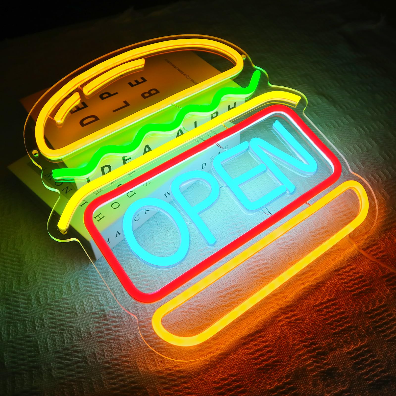 Abierto de neón de señal de hamburguesa de neón de luz para la decoración de la pared Led Abierto de señal para Burger Shop Fast Food Shop Negocios Restaurante Tienda