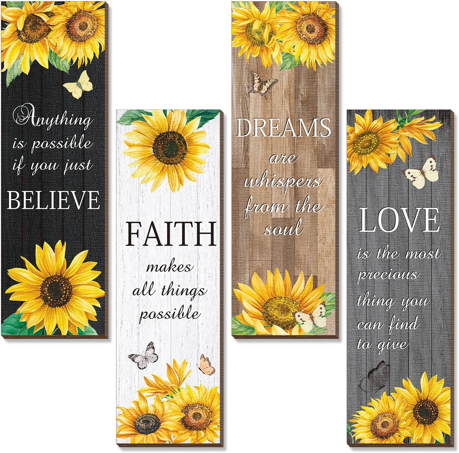 Qunclay 4 Pcs Sunflower Wall Decor Inspirational Sunflower Kitchen Decor and Accessories Wooden Rustic Farmhouse Yellow Flowers Wall Art Decoration for Home Bathroom Office Living Room(Multicolor)
