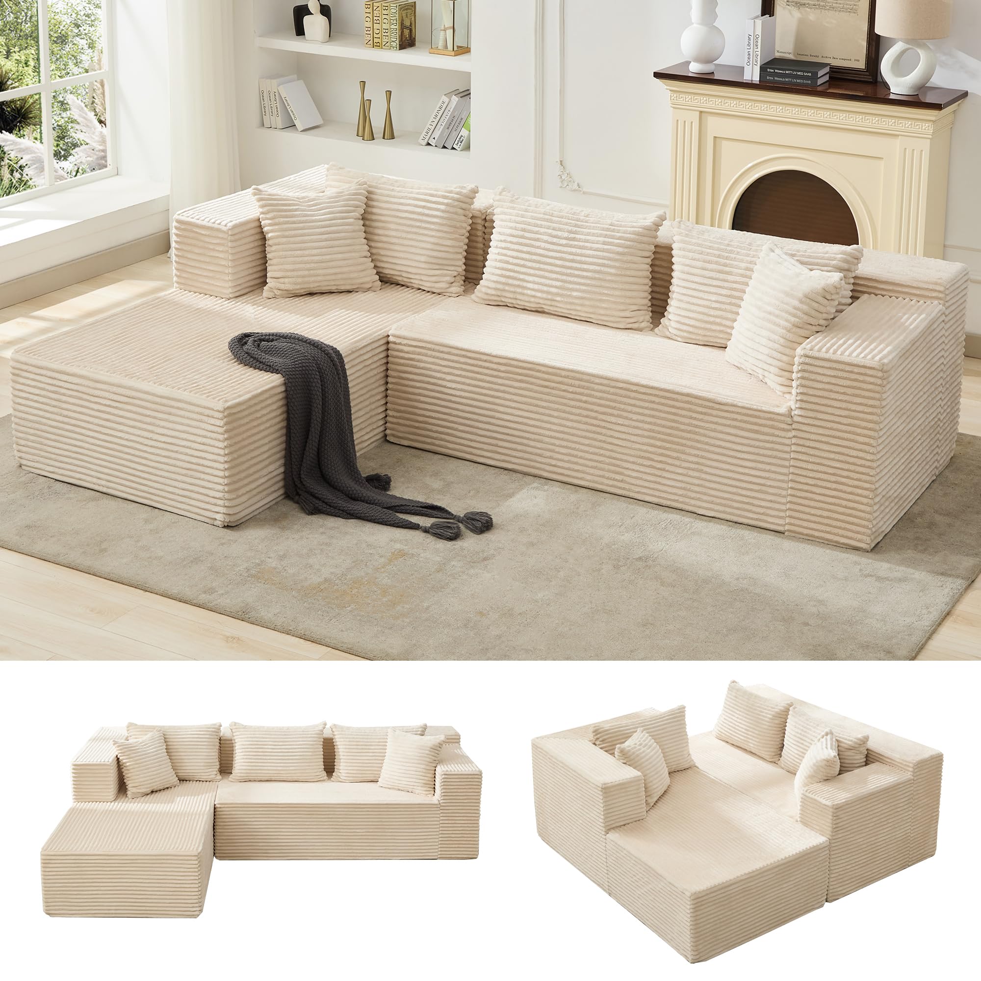GarveeHome Gemütliches Cloud Ecksofa – 106" Modulares L-förmiges Sofa für Wohnzimmer – Tiefe Sitzfläche, Boneless Design, linksseitige Chaise, Cord-Stoff, 5 Kissen, kein Aufbau nötig – Beige