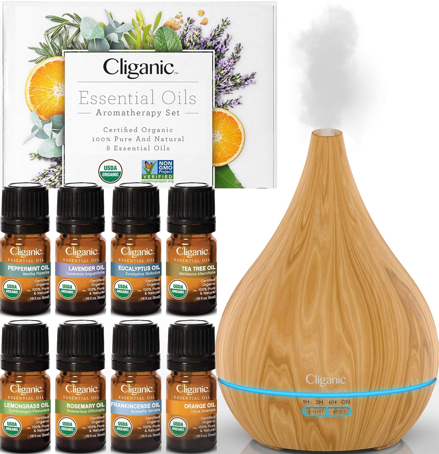 Cliganic Organic Aromatherapy Set (Top 8) with Diffuser