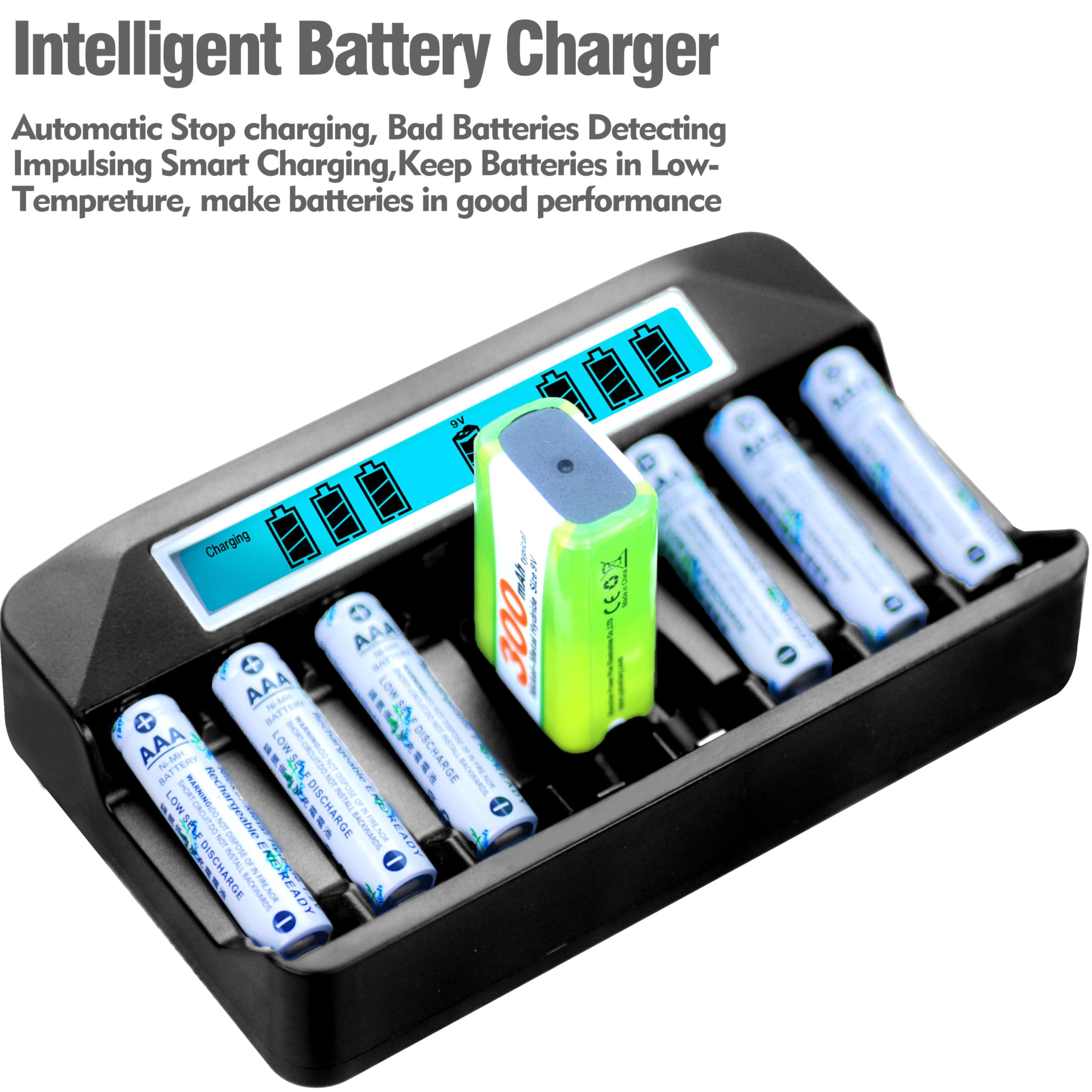Chargeur de batterie AA AAA 9 V NiMH, 9 emplacements, chargeur rapide indépendant de 500 mA, charge par impulsion de 500 mA, écran LCD large, entrée USB-C 5 V (1 chargeur + 4 AA + 4 AAA + 1 x 9 V)