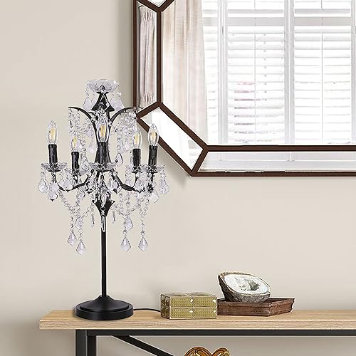 Miniatura 6 de TOCHIC Lámpara de mesa de cristal tradicional de 5 luces, candelabro negro para manualidades, 30 pulgadas de alto para sala de estar, sala de