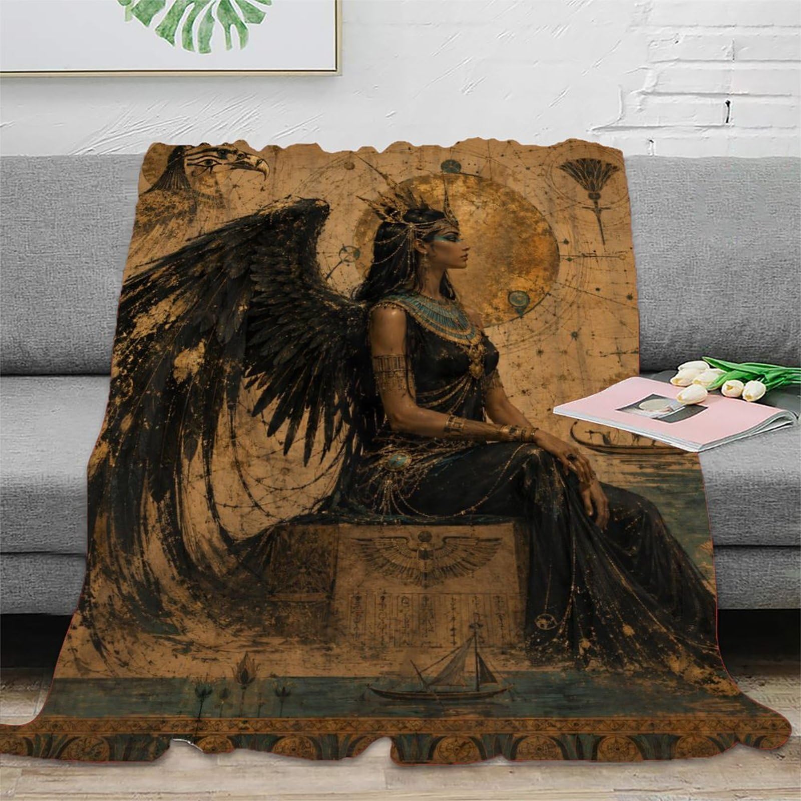 W7C8U2X3 Egyptian Winged Goddess Seated Throw Blanket, Flannel, Office