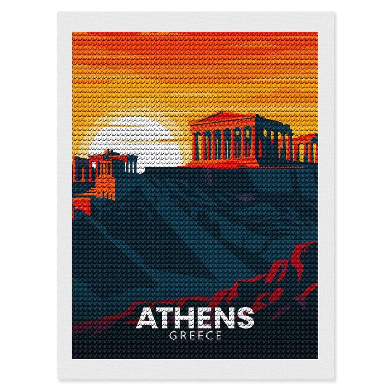 Junmoney Athens Greece Travel (7) Diamond Painting Kit 12"x16", for Women, Simple to Start, Bedroom Decor, Christmas Gift, Good for Quiet Evenings