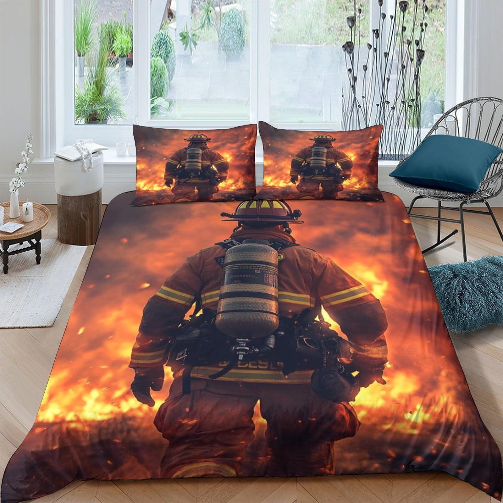 Ctjqhvkz Style-10 3D Printed Firefighter Scene Fitted Sheet Microfiber Breathable Flames Mattress Cover For Bedroom Decor Protection Single（135X200cm）