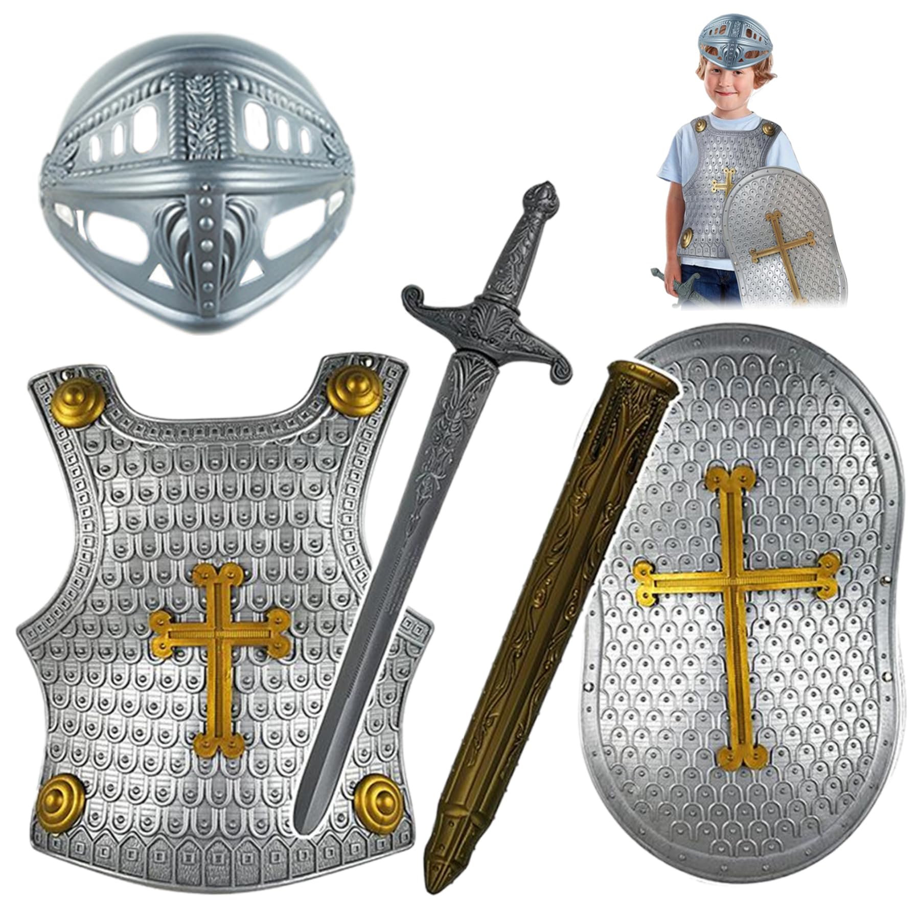 4-teiliges Ritterkostüm für Kinder mit Kreuzmuster für Rollenspiele, Cosplay, Halloween, inklusive Helm, Schild, Schwert, mittelalterliches Ritterrüstungsset