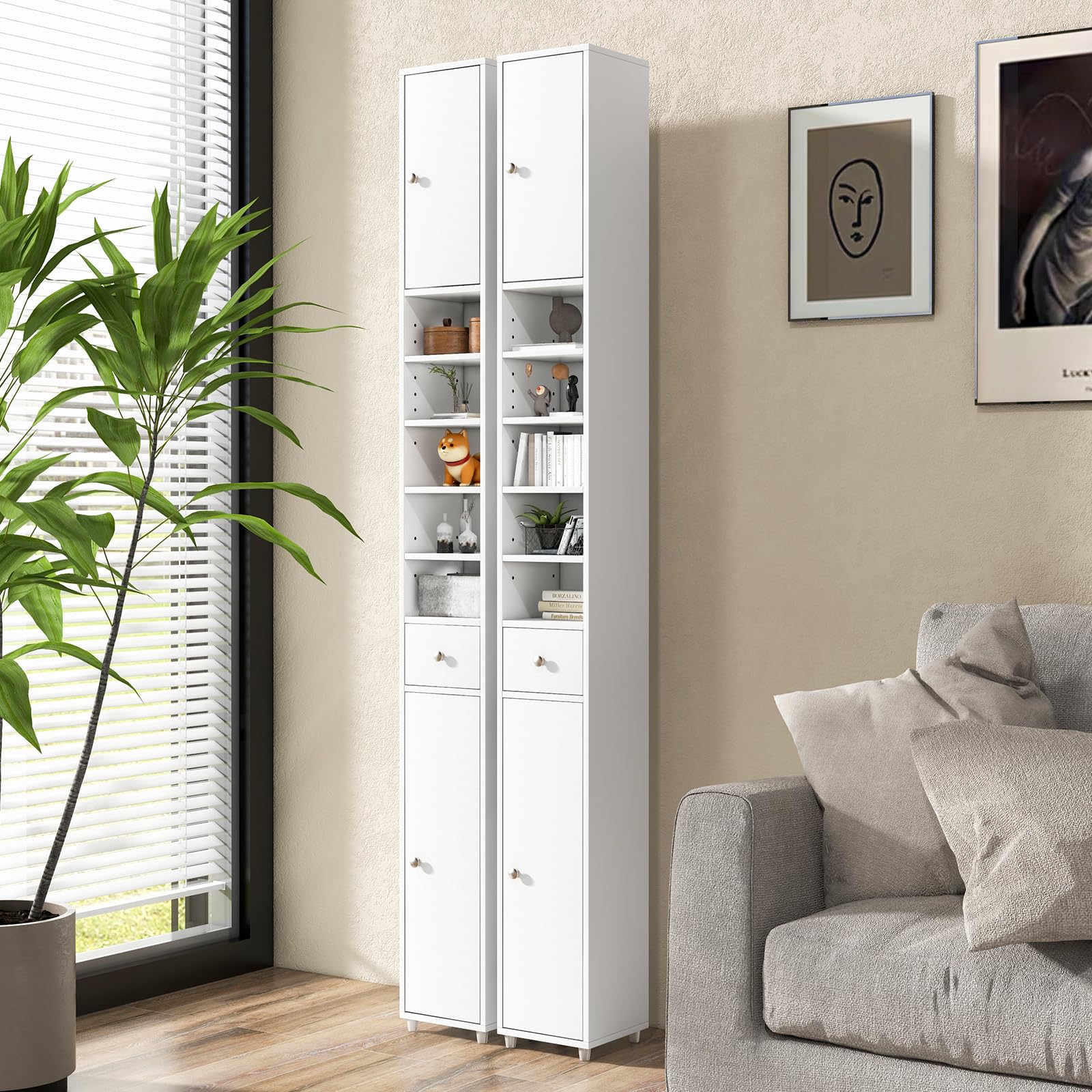 GIANTEX Armario de Baño Alto, Mueble Columna con 2 Puertas, 1 Cajón y Estantes Ajustables Abiertos, 20 x 20 x 180 cm, Mueble Auxiliar Estrecho para Salón, Dormitorio (5 Estantes, Blanco)
