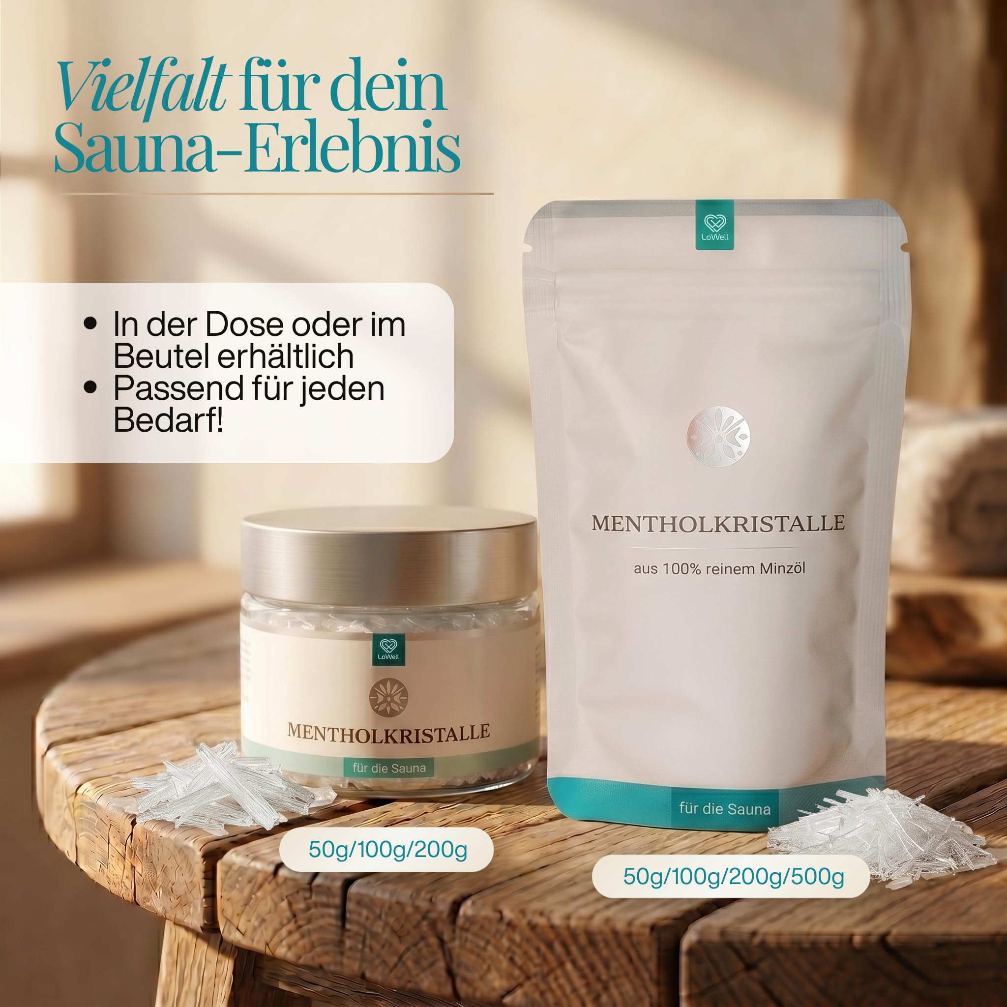 LoWell® 100g Cristales de mentol 100% menta pura - Ideal como infusión para sauna - Bolsas recerrables - Mentol