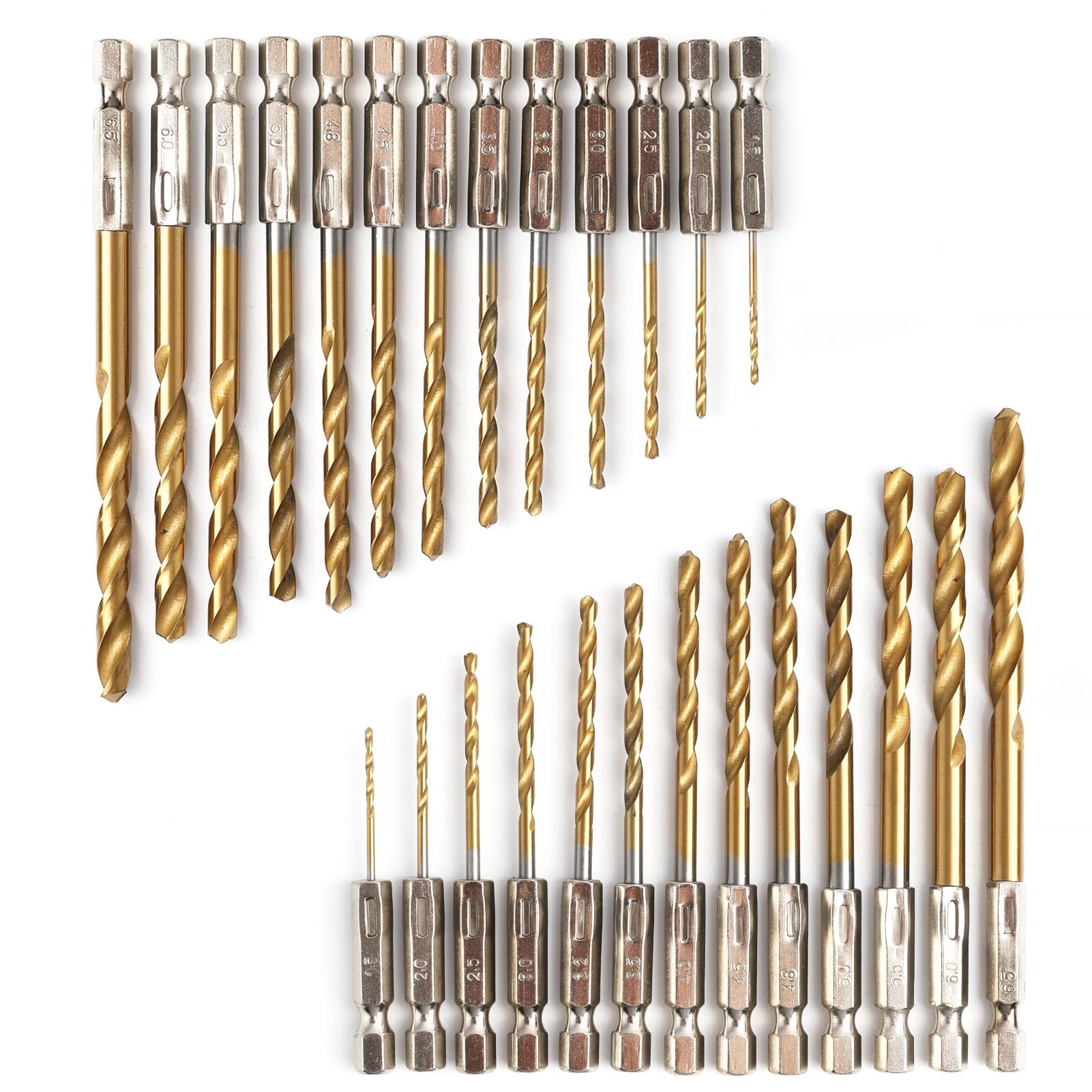 Set de 26 Brocas de Titanio con Vástago Hexagonal, Brocas de Acero de Alta Velocidad de 1,5-6,5 mm, Alta dureza Juego de Brocas HSS Revestidas de Titanio para Taladro Manual y de Impacto