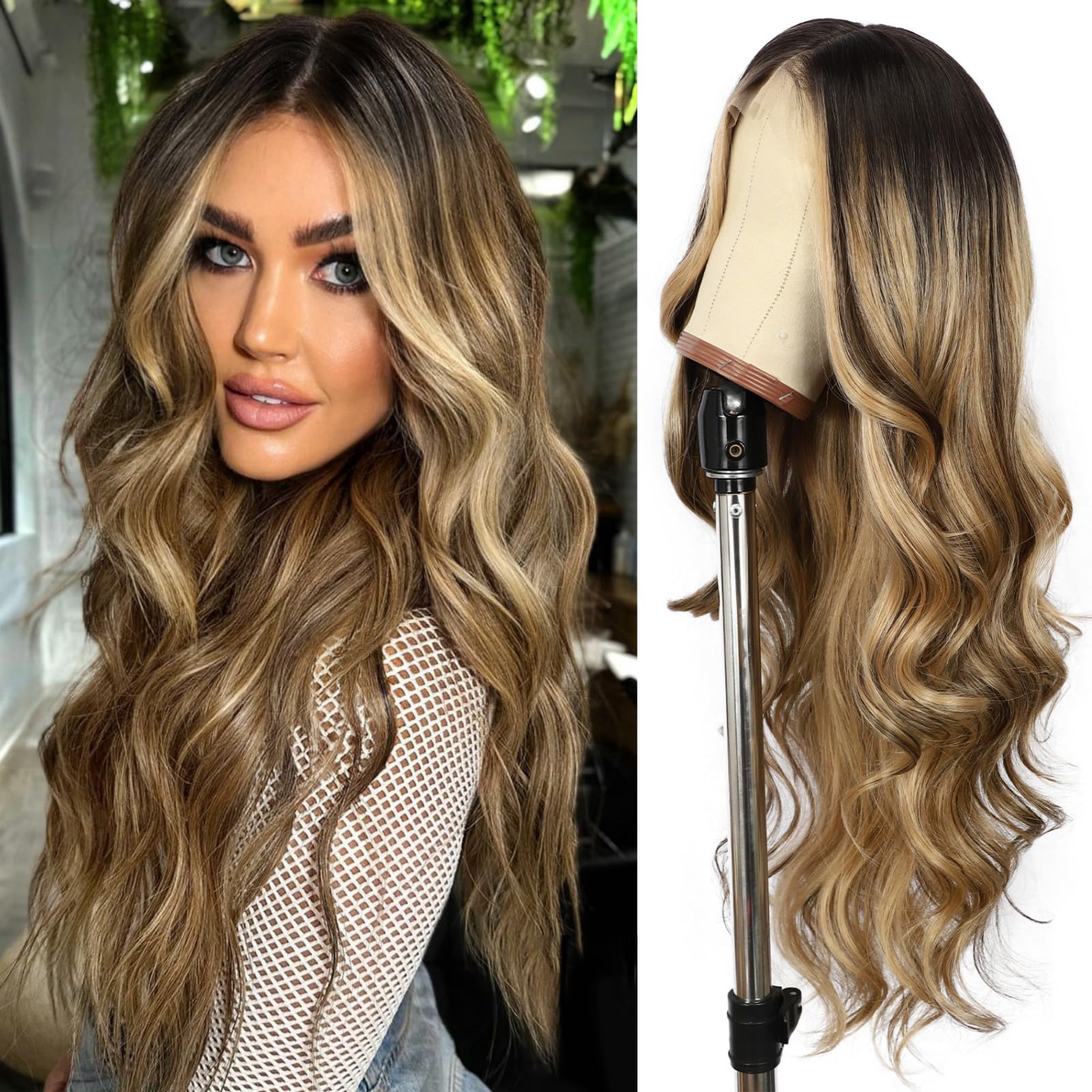 Photo 1 of SAPPHIREWIGS Highlight Brown Lace Front Wig Long Wavy Ombre Brown Blonde 13x4 Synthetic Wear And Go Lace Front Wigs for Women Daily Party Use 26 Inches