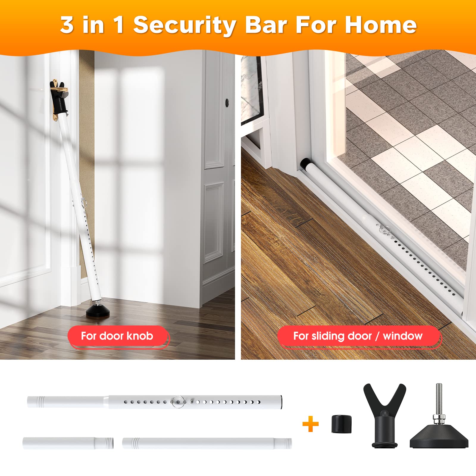 Barra de seguridad para puertas correderas y ventanas con bisagras, ajustable 3 en 1, barra de seguridad portátil de barricada, tope de puerta de seguridad para el hogar