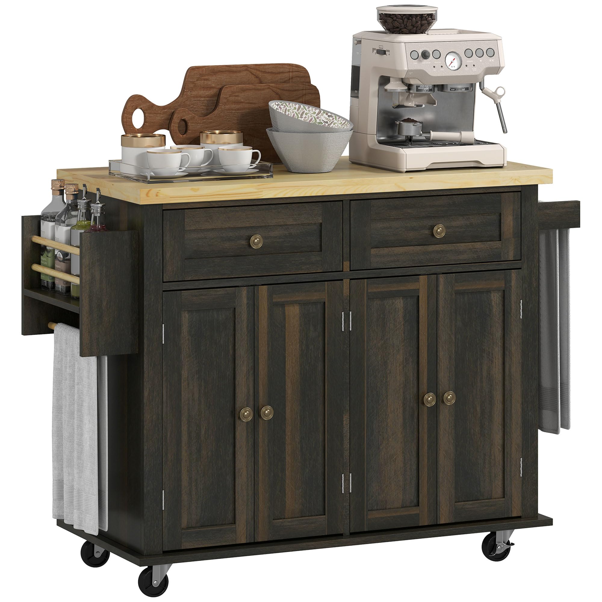 HOMCOM Kitchen Island Cart with Rubber Wood Top, Rolling Kitchen Island Table on Wheels with Drawers, Adjustable Shelves, Spice Rack and Towel Rack for Dining Room, Brown Oak