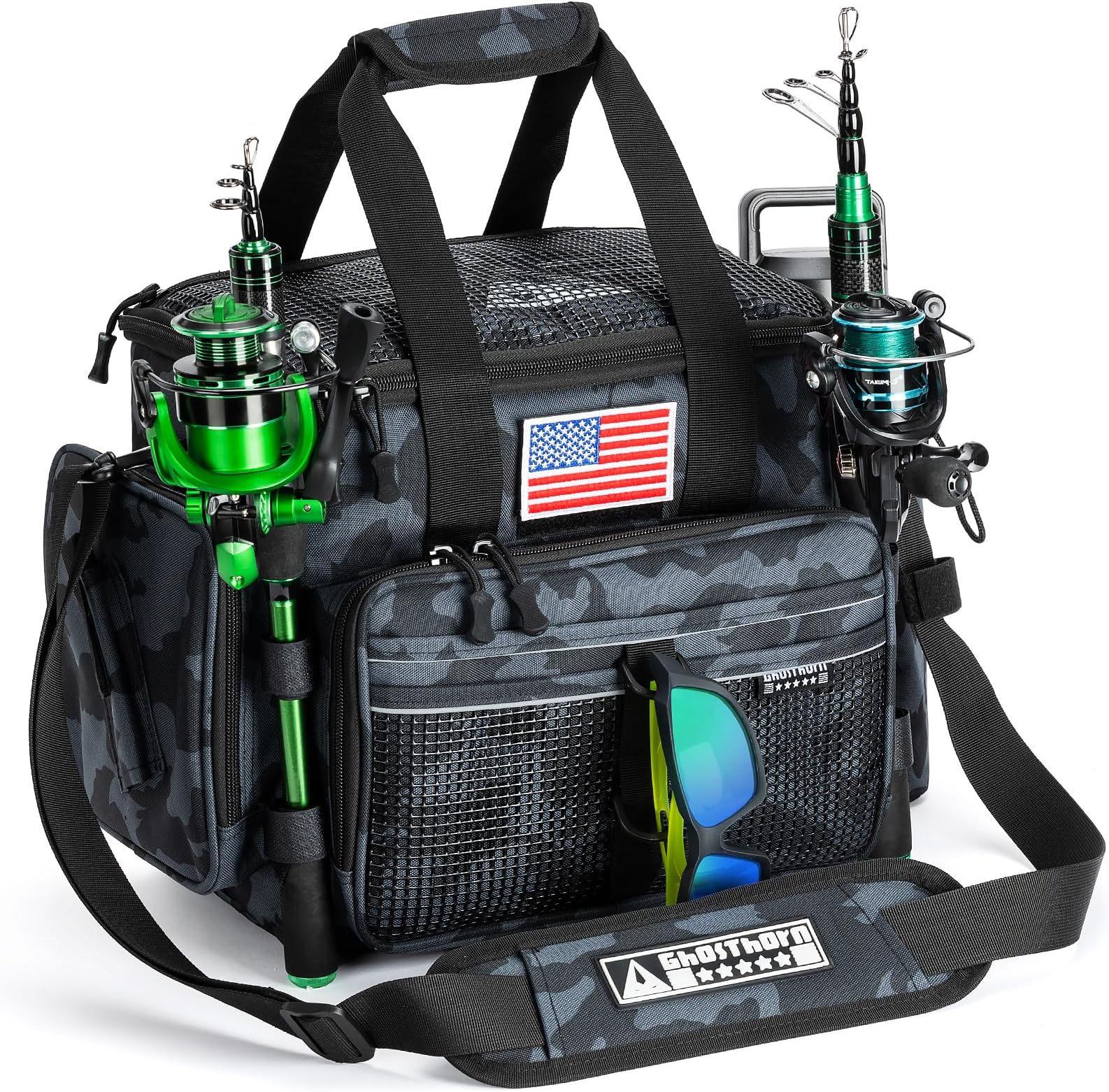 Ghosthorn Fishing Tackle Bag with Rod Holder Saltwater & Freshwater Resistant Tackle Box Bag - Adjustable Padded Shoulder Strap (Black Camouflage)