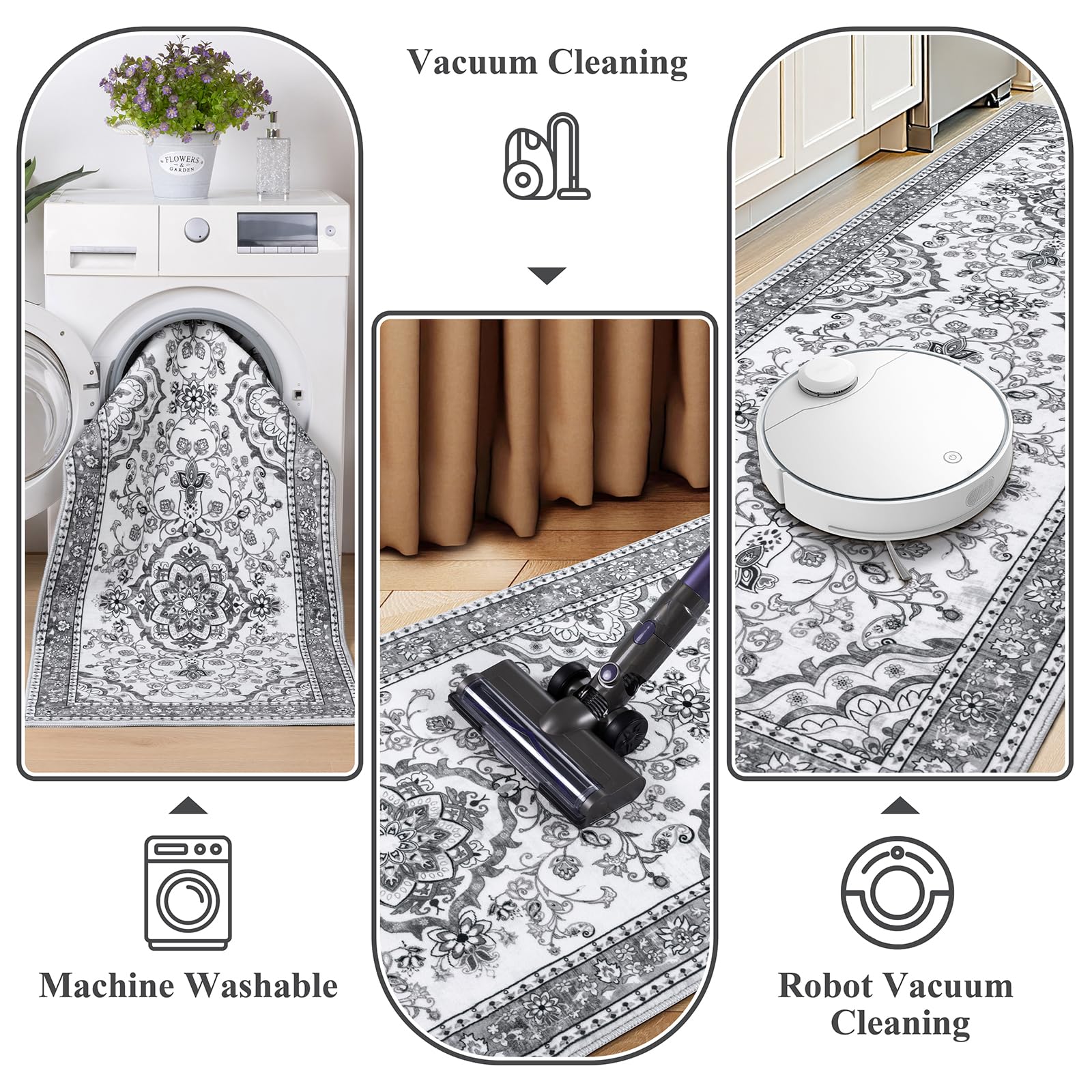 Enyhom Teppich Läufer Flur 80 x 300cm Hochwertig rutschfest Läufer Küche Traditioneller Langer Teppichläufer Waschbar Retro Weich Schlafzimmer Läufer für Büro Korridor, Grau