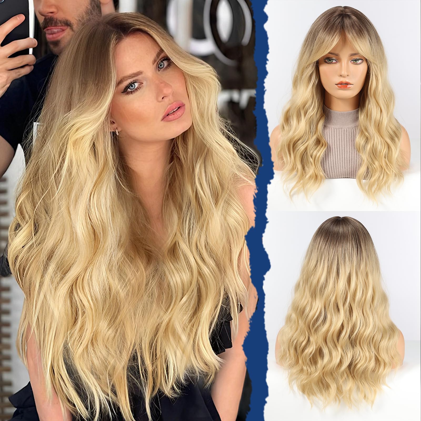 HAIRCUBE Women's Wig, Long Curly Wig with Bangs, Wigs for women in Ombre Blonde,Synthetic Natural Hair, 22 inches
