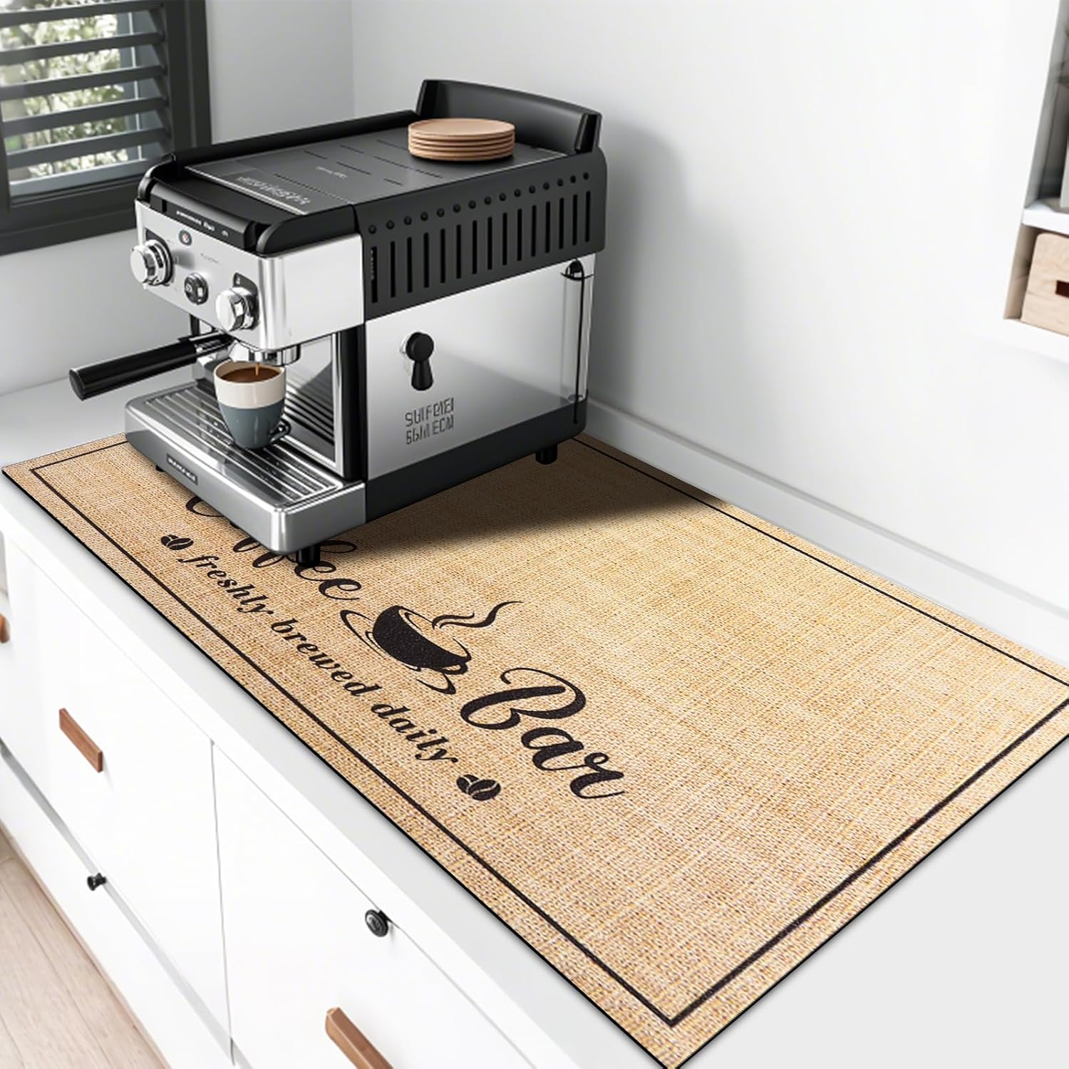 CooRug Absorbent Coffee Mat, Fashion Dish Drying Mat for Kitchen Counter Coffee Bar Accessories Espresso Machine Dish Rack 17" x 32" Beige