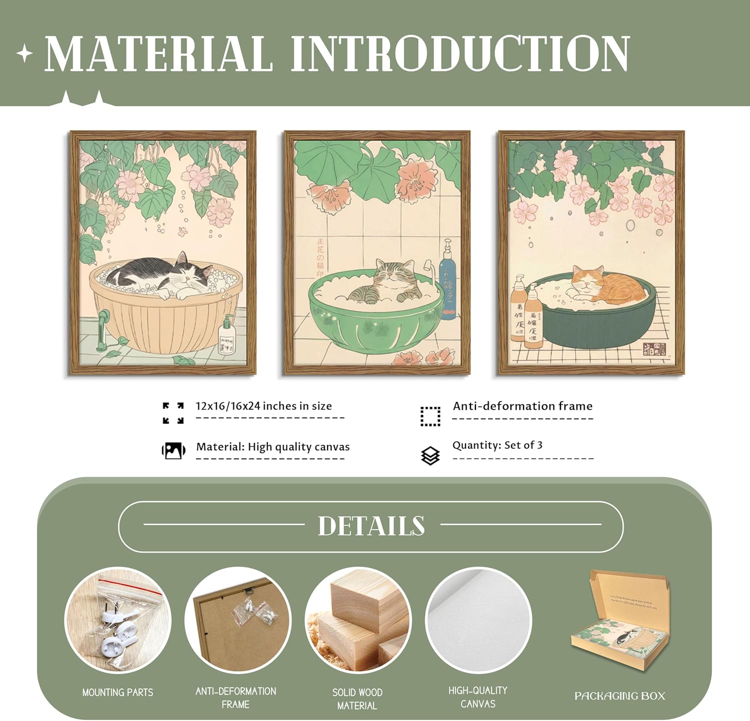 Japanese Cat Bathroom Wall Art Set of 3, Funny Cat in Bathtub Canvas Wall Decor Paintings, Vintage Japandi Cute Animal Aesthetic Poster Prints Pictures for Restroom Bathroom 12x16 Inch Framed