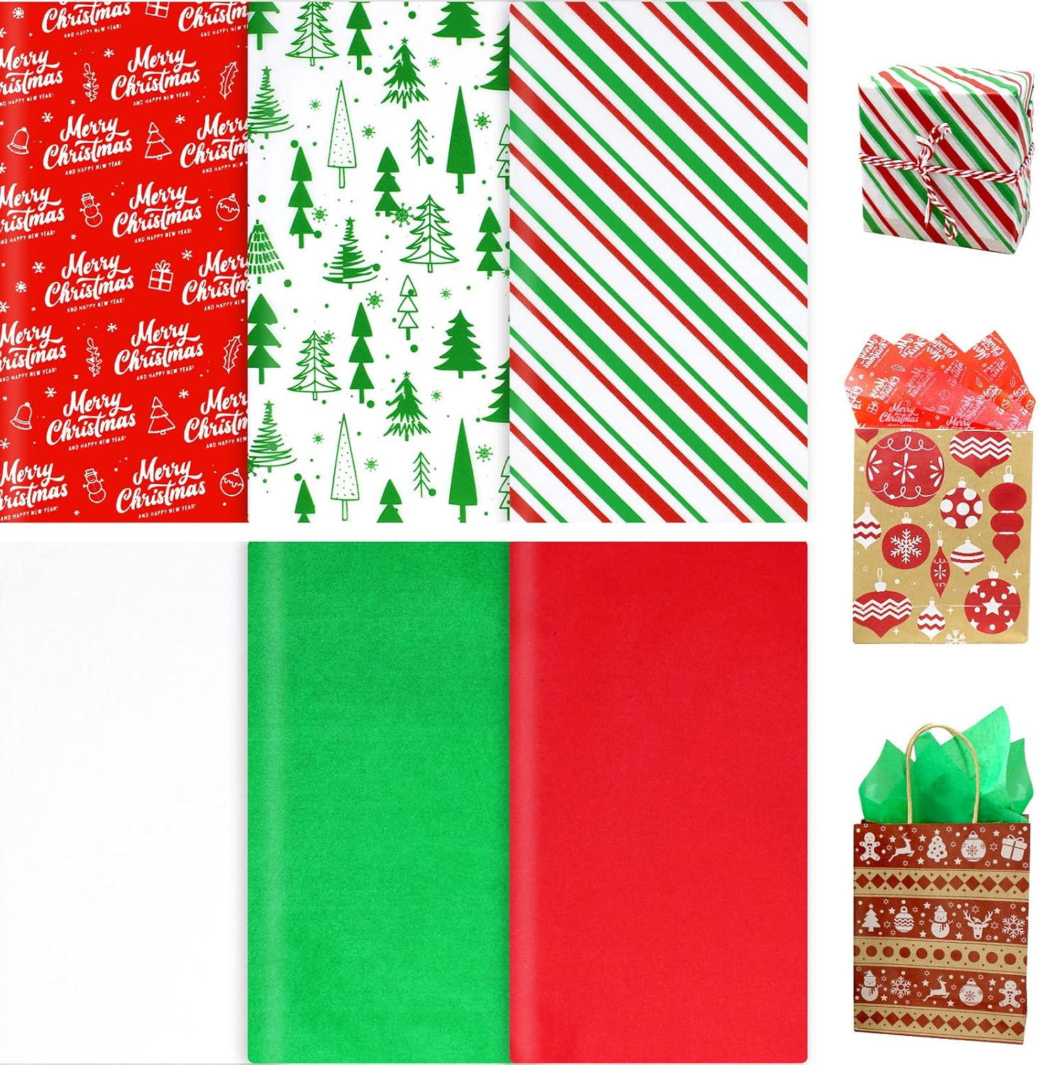 120 Sheets Christmas Tissue Paper for Gift Bags Wrapping, Assortment Holiday Tissue Paper for Gift Wrapping, Gift Decoration, Art & Craft (20 x 20 inches)