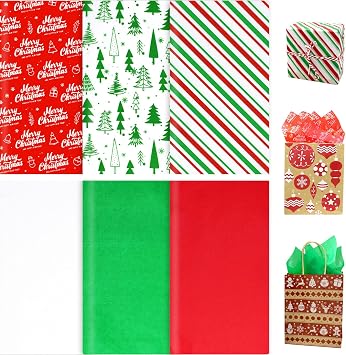 120 Sheets Christmas Tissue Paper for Gift Bags Wrapping, Assortment Holiday Tissue Paper for Gift Wrapping, Gift Decoration, Art & Craft 20 x 20 inches