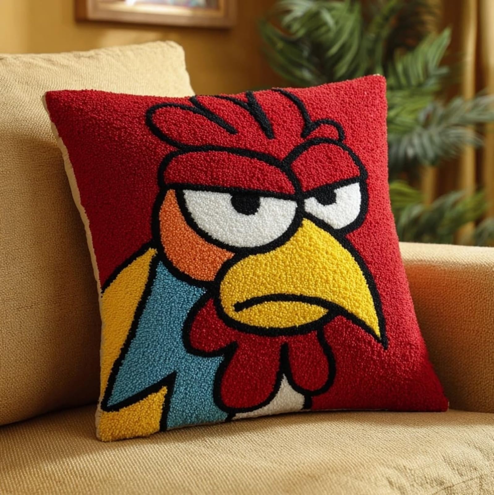 AxiangziK Latch Hook Kit for Adults 43x43cm,Cartoon Rooster DIY Pillow & Rug Craft Kit for Beginners,Handmade Yarn Art,Relaxing Home Sofa Decor Gift,17x17in
