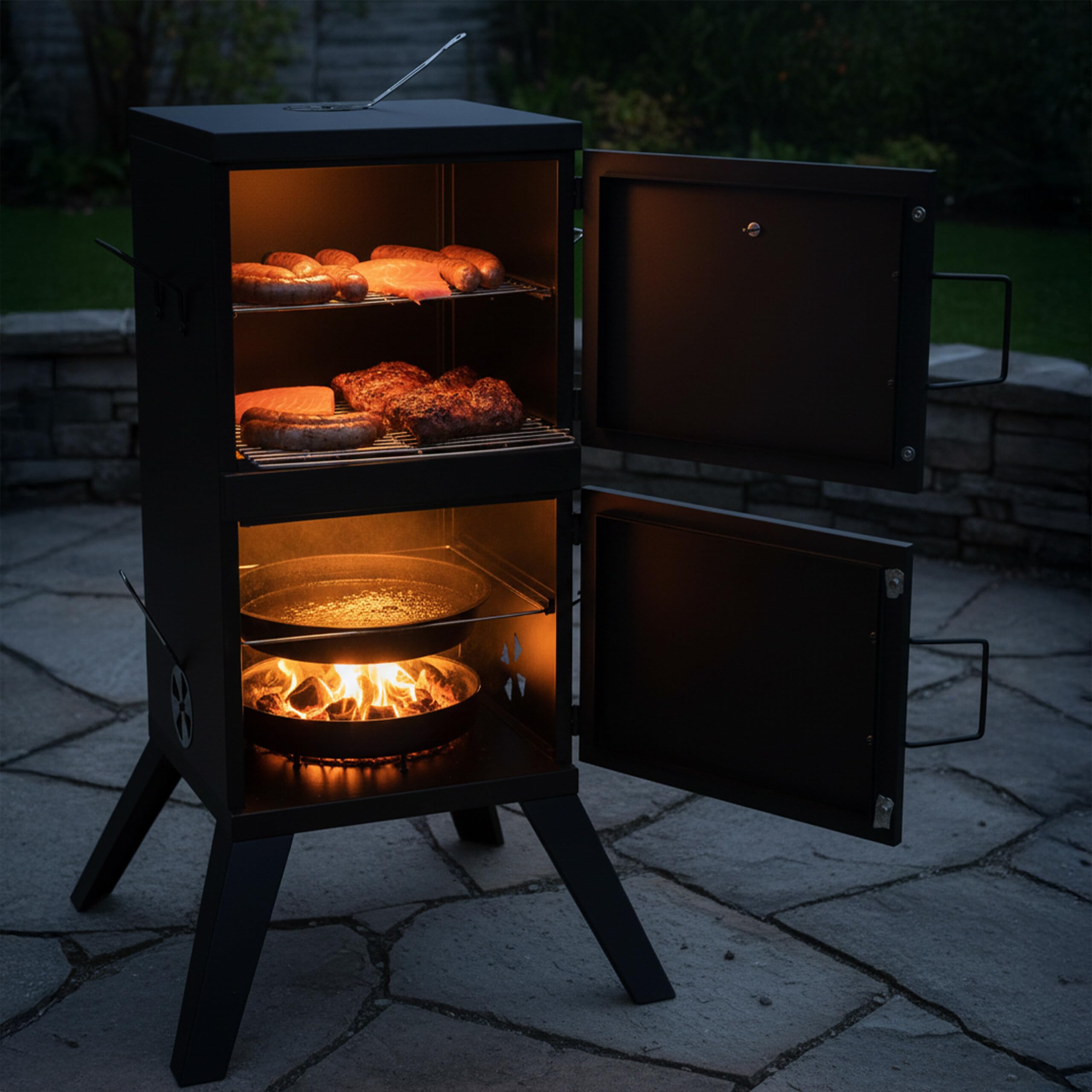 Relaxdays wędzarnia (smoker), mięso i ryby, 2 poziomy, termometr, czarna | węgiel, HxSxG 108,5×57×56 cm, stal