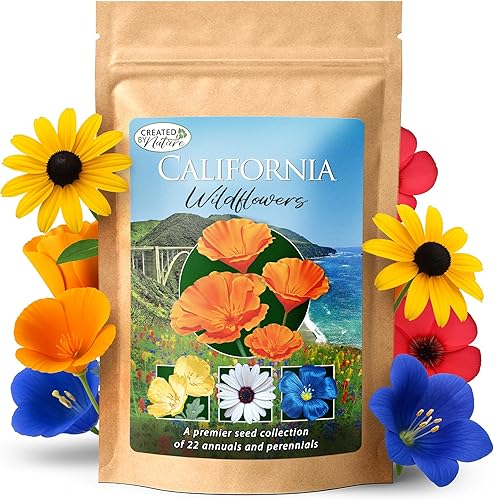 Created By Nature Mezcla de semillas de flores silvestres de California con amapolas, 22 variedades de flores, más de 54,000 semillas