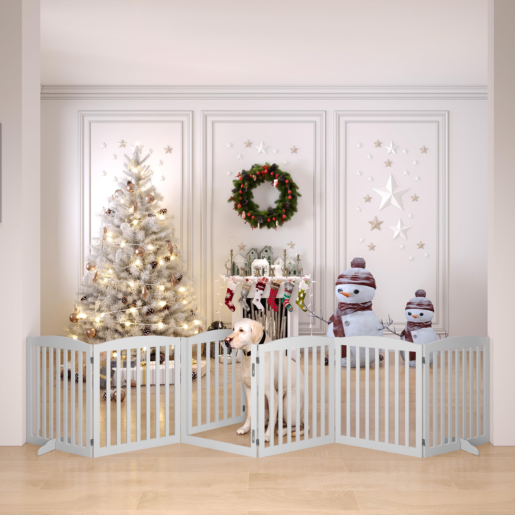 BHG NoAssembly Freestanding Dog Gate with Door, Extended Wide 144" Tall 30" Wooden Pet Gate